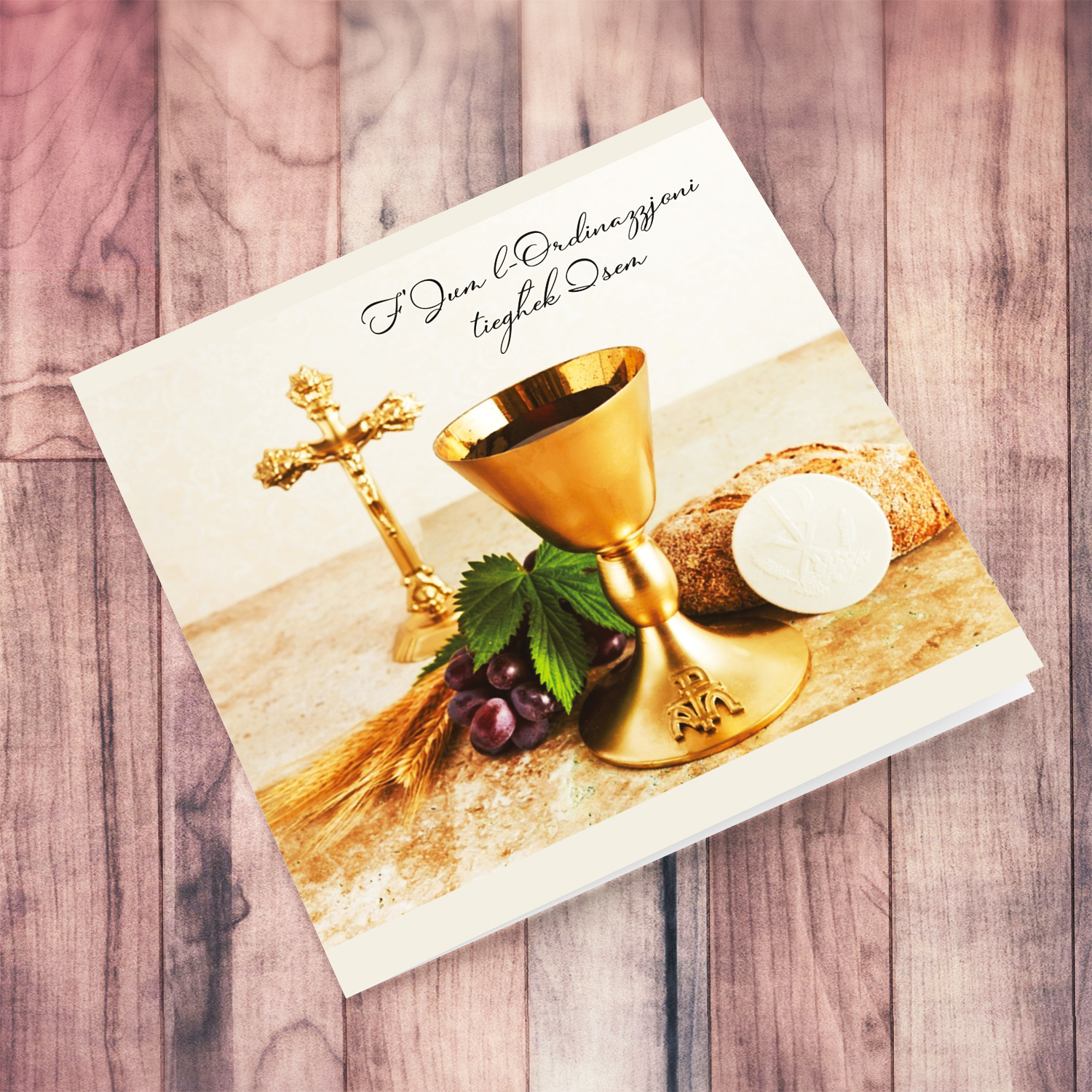 A beautiful Ordination Card featuring holy bread and wine in Maltese (Personalisable)