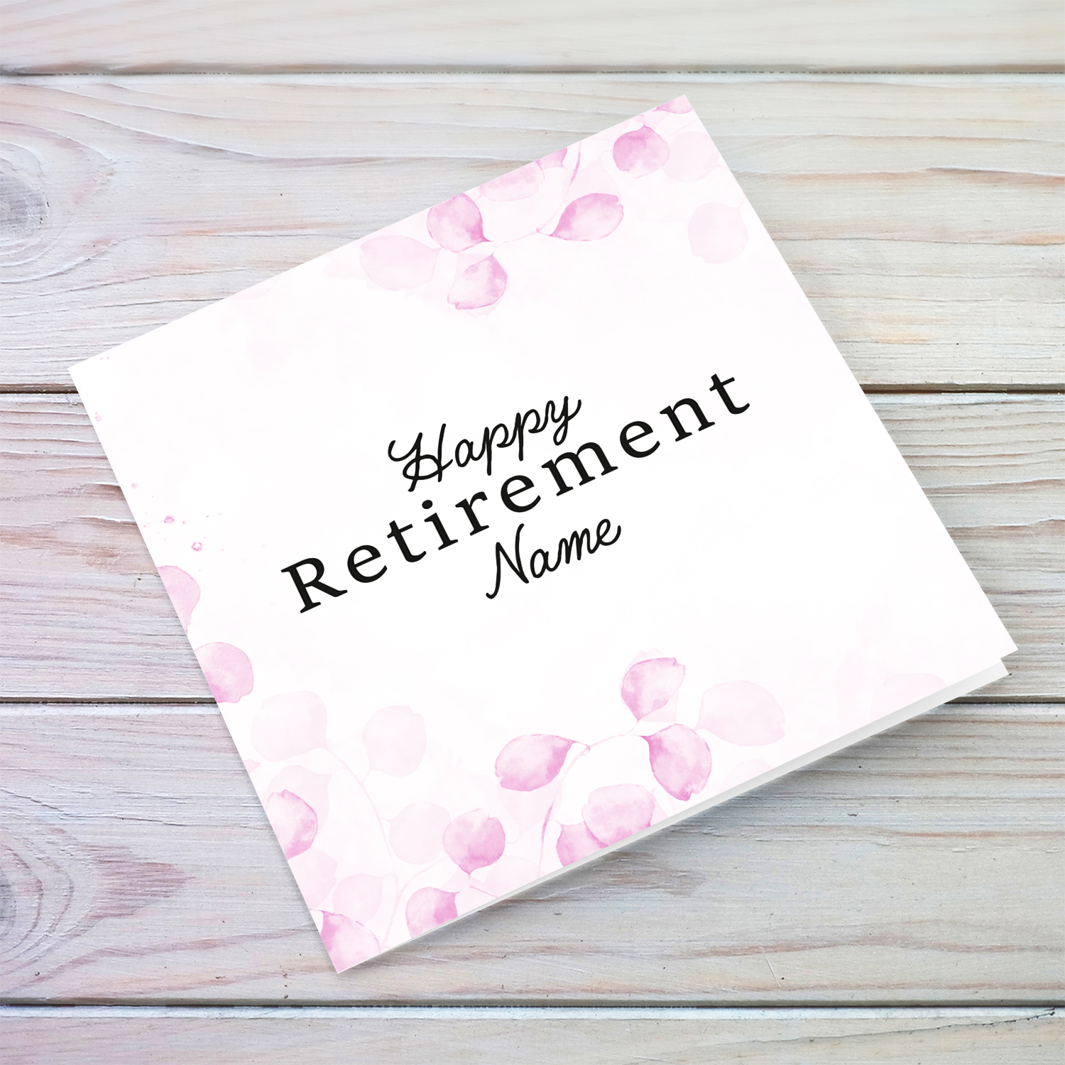 A dainty pink leave / plant background retirement card with black text in English (Personalisable & Blank inside)