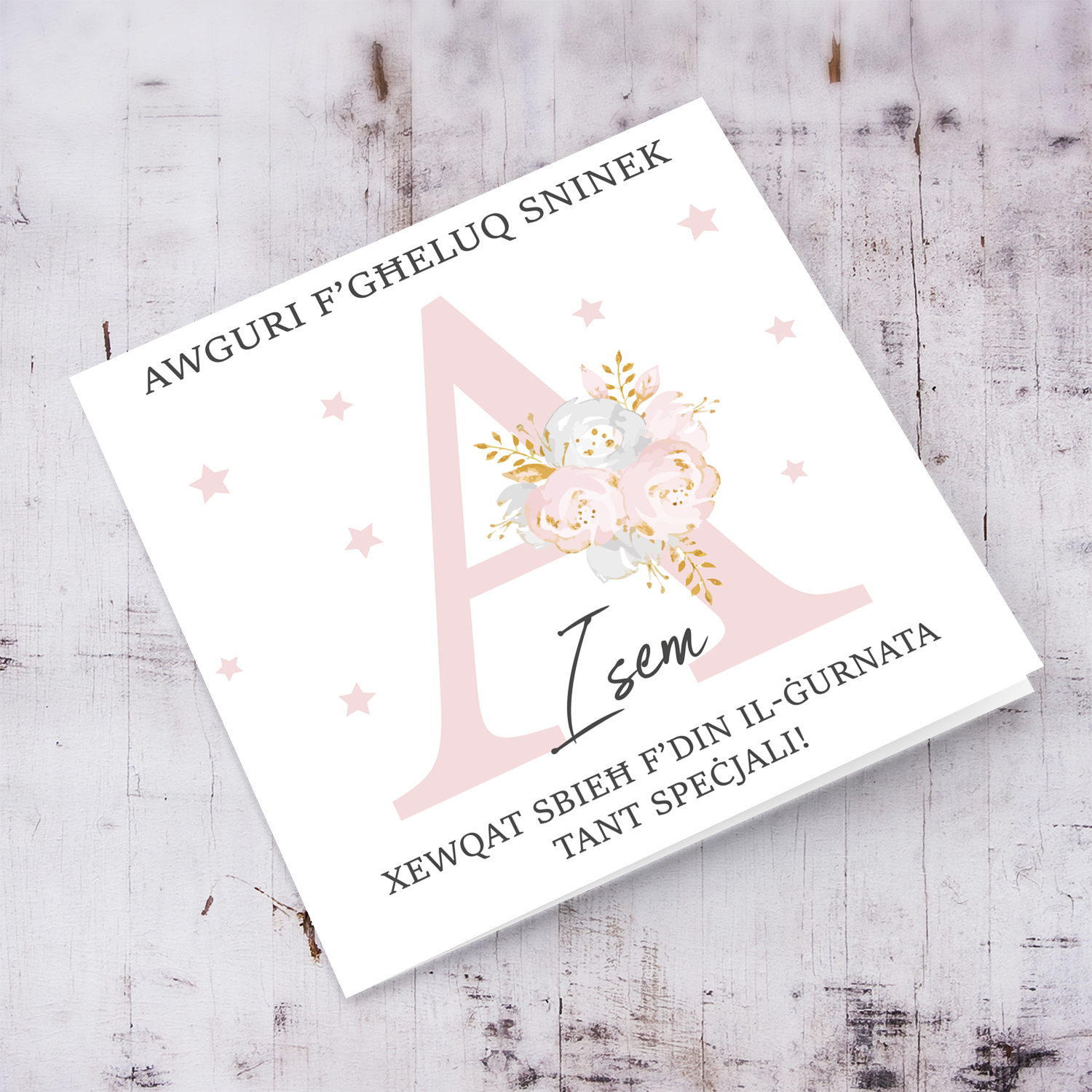 Letter A - Personalisable Birthday Card with pink florals in Maltese