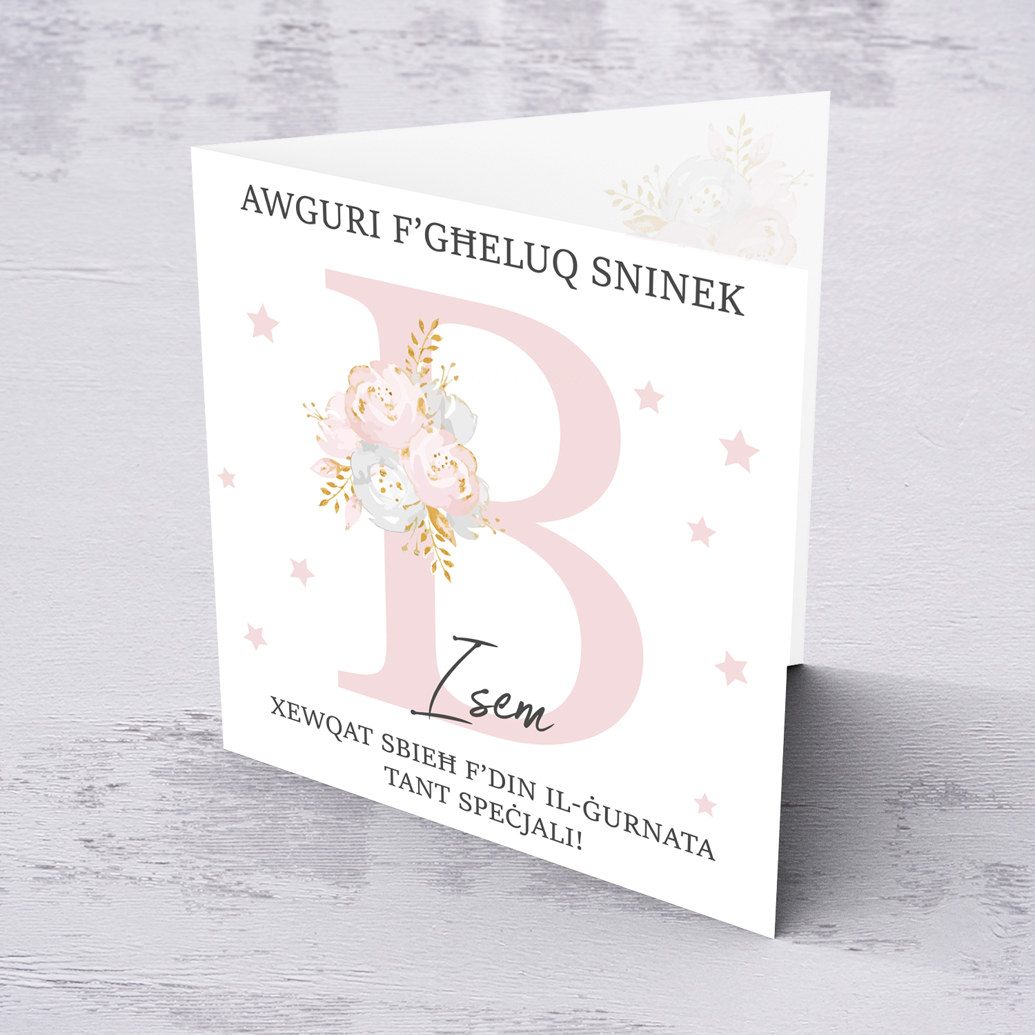 Letter B - Personalisable Birthday Card with pink florals in Maltese