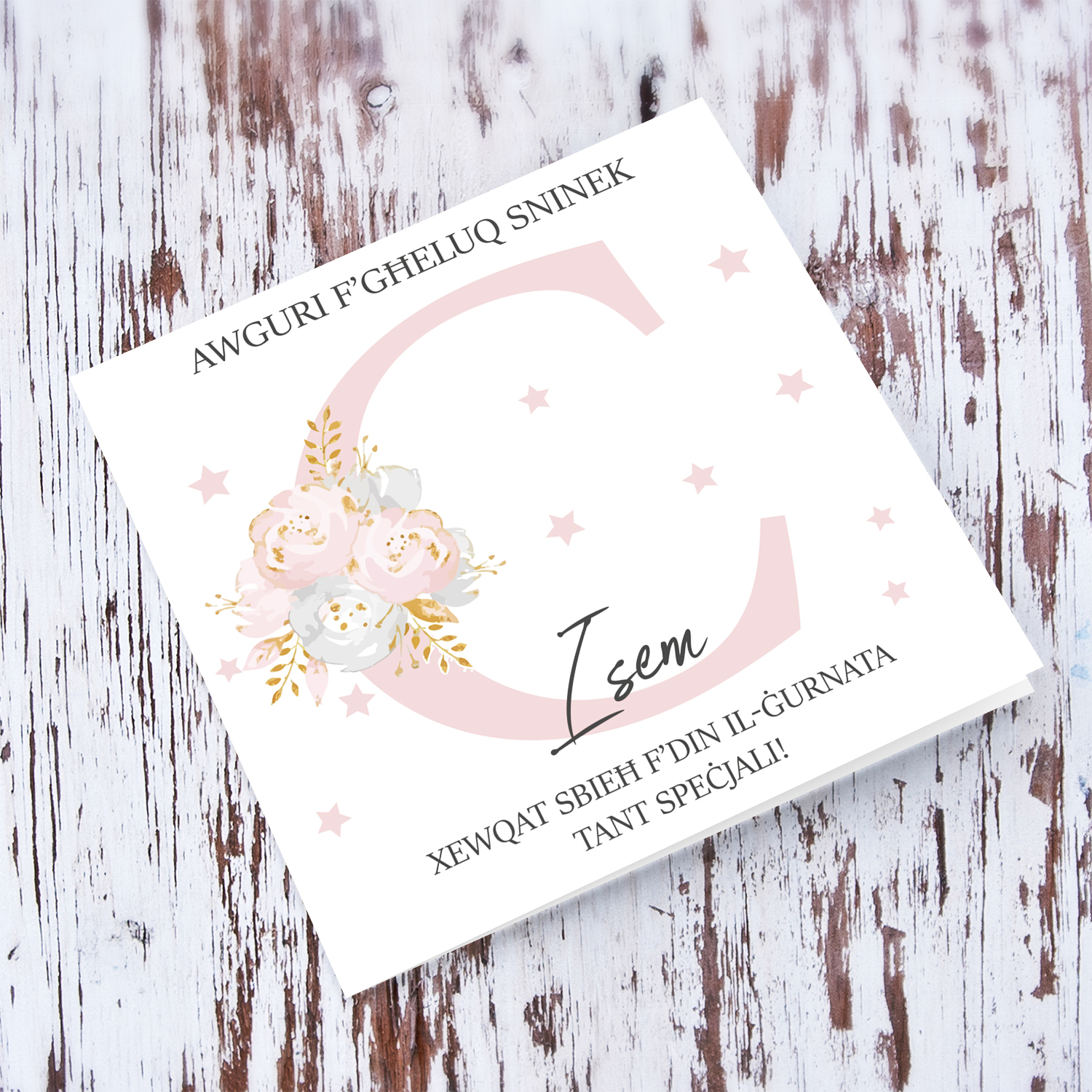 Letter C - Personalisable Birthday Card with pink florals in Maltese