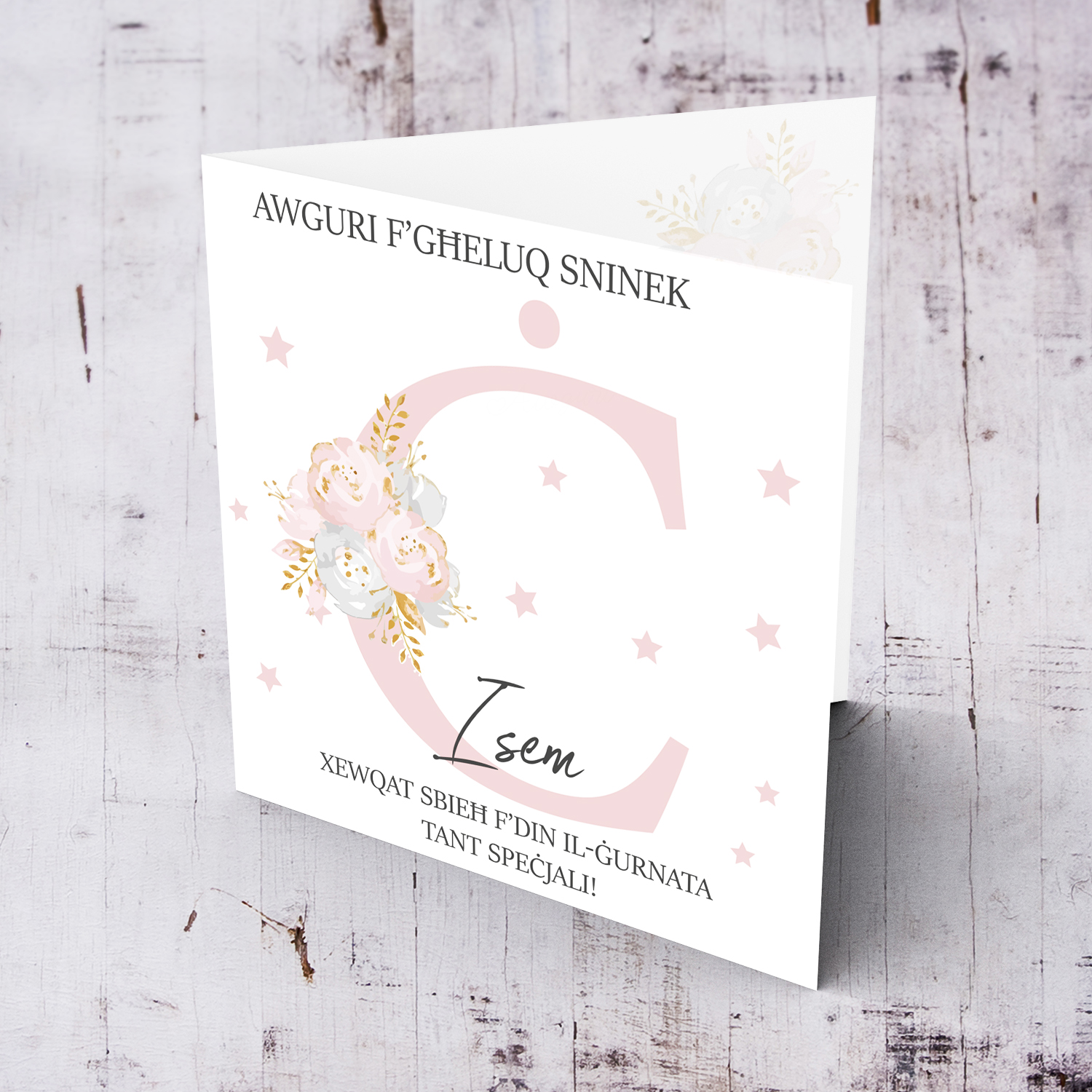 Letter Ċ - Personalisable Birthday Card with pink florals in Maltese