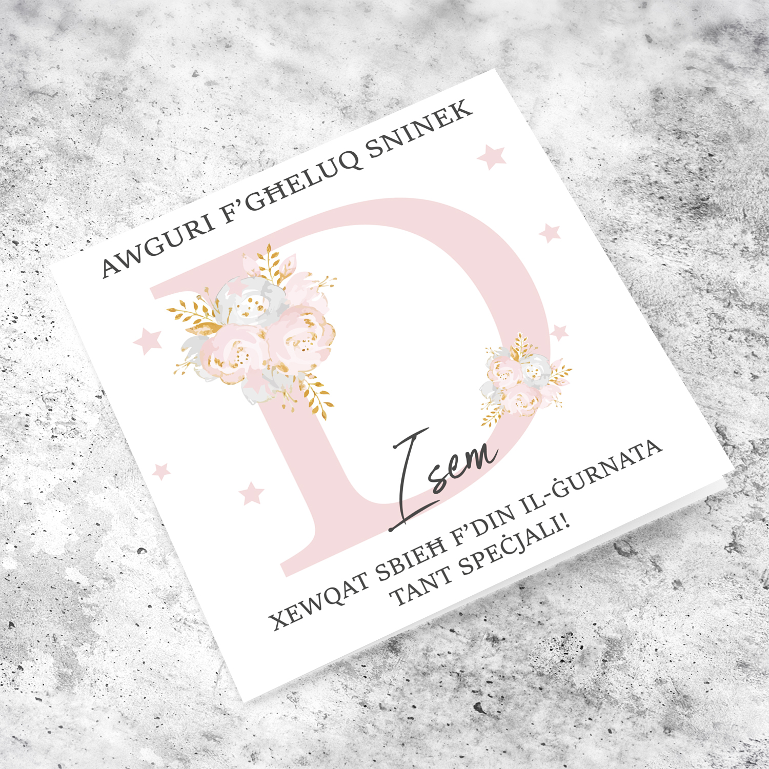 Letter D - Personalisable Birthday Card with pink florals in Maltese