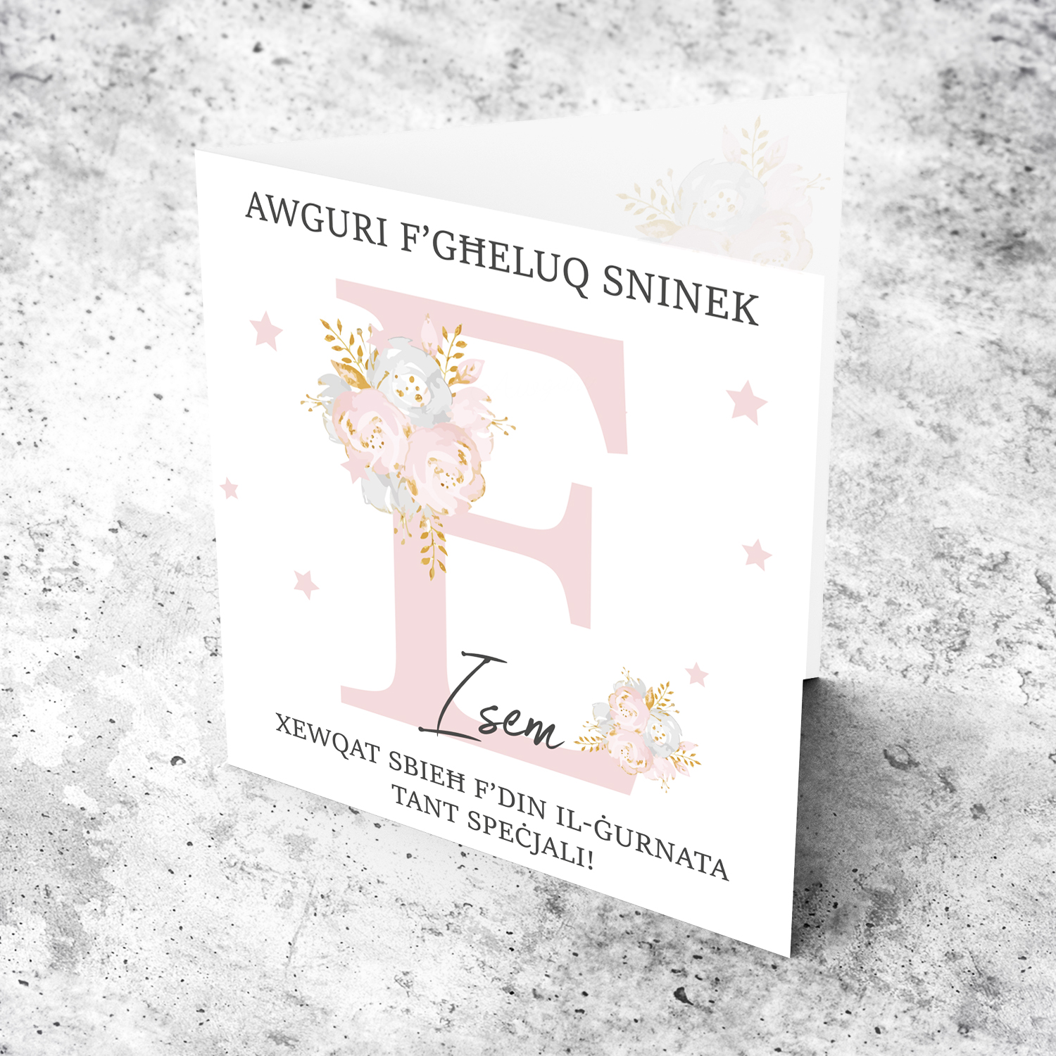 Letter E - Personalisable Birthday Card with pink florals in Maltese
