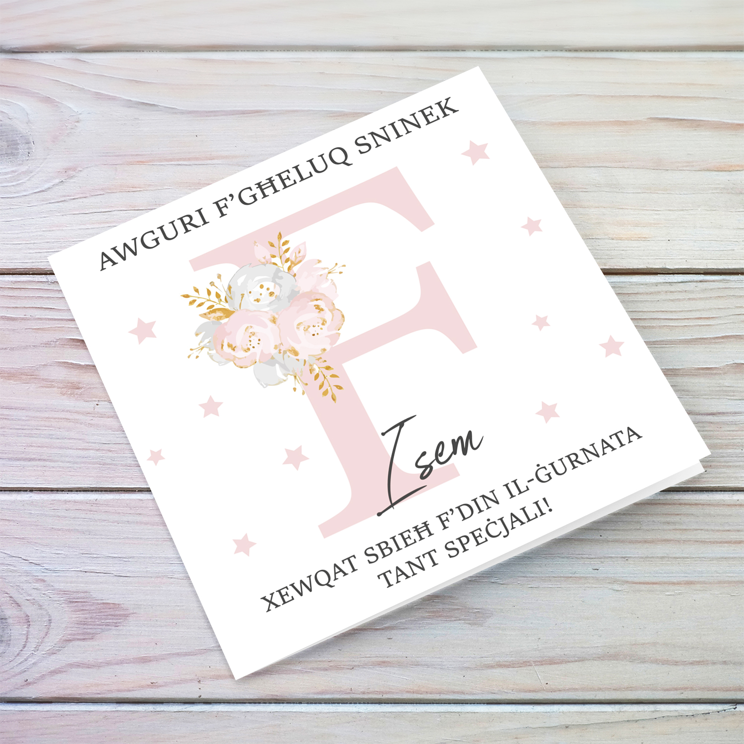 Letter F - Personalisable Birthday Card with pink florals in Maltese