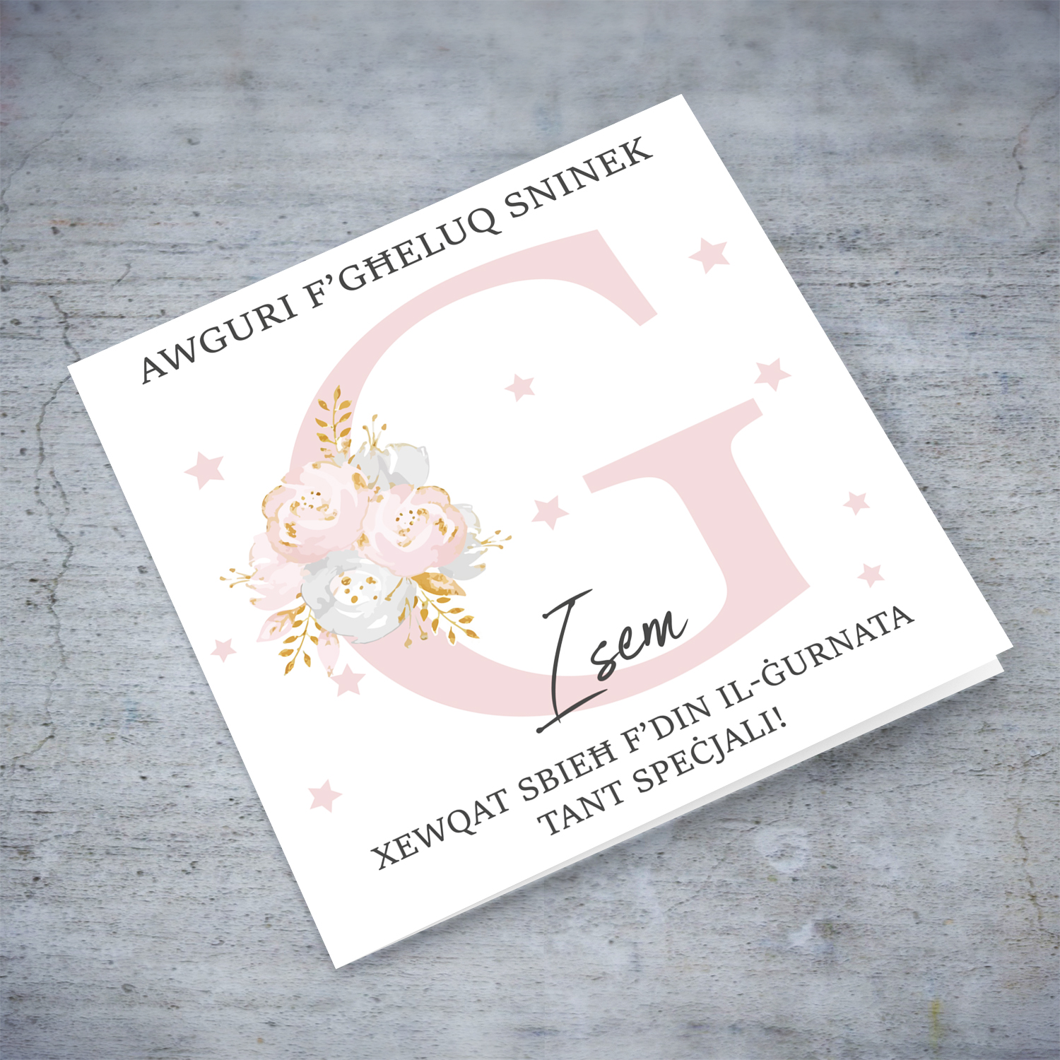 Letter G - Personalisable Birthday Card with pink florals in Maltese