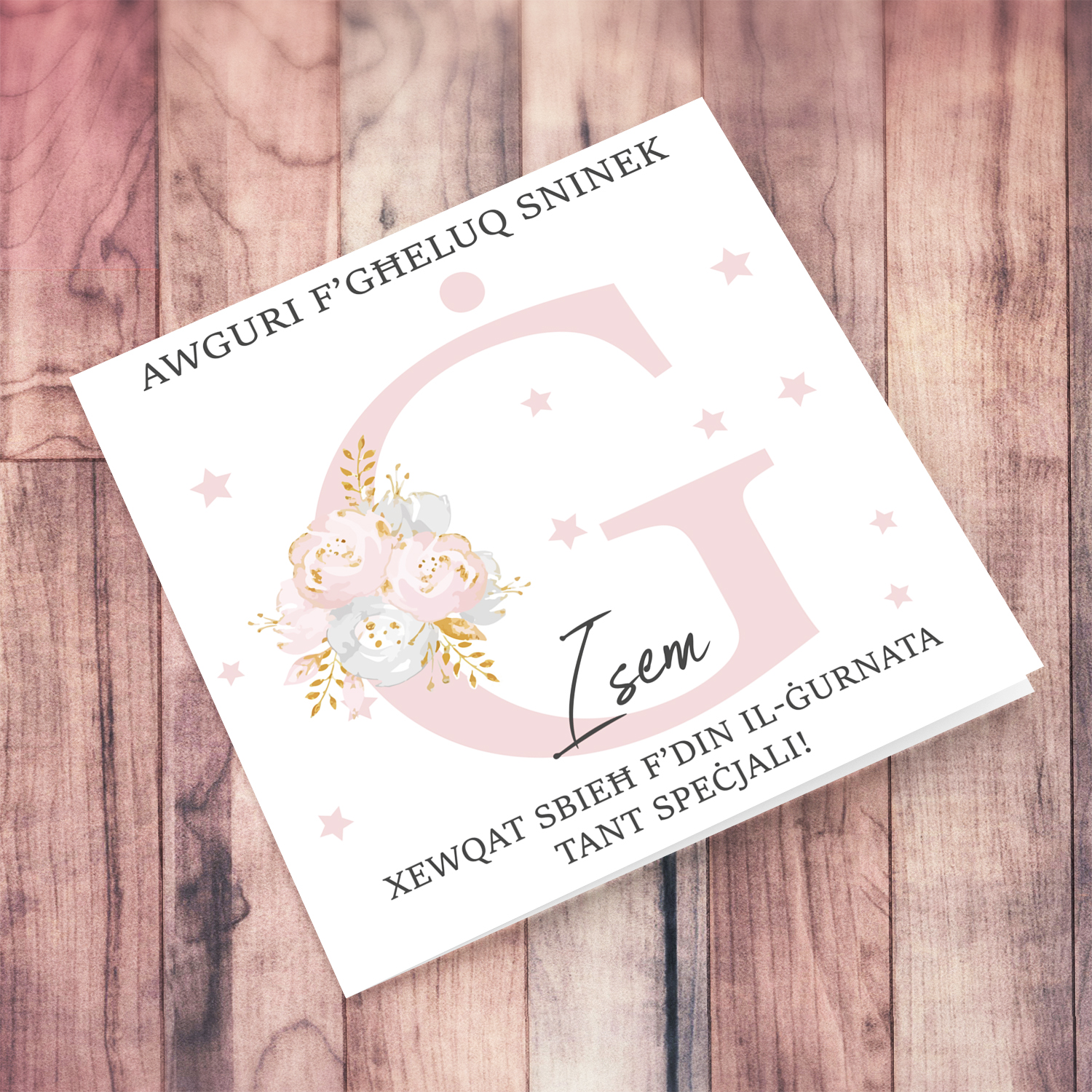 Letter Ġ - Personalisable Birthday Card with pink florals in Maltese