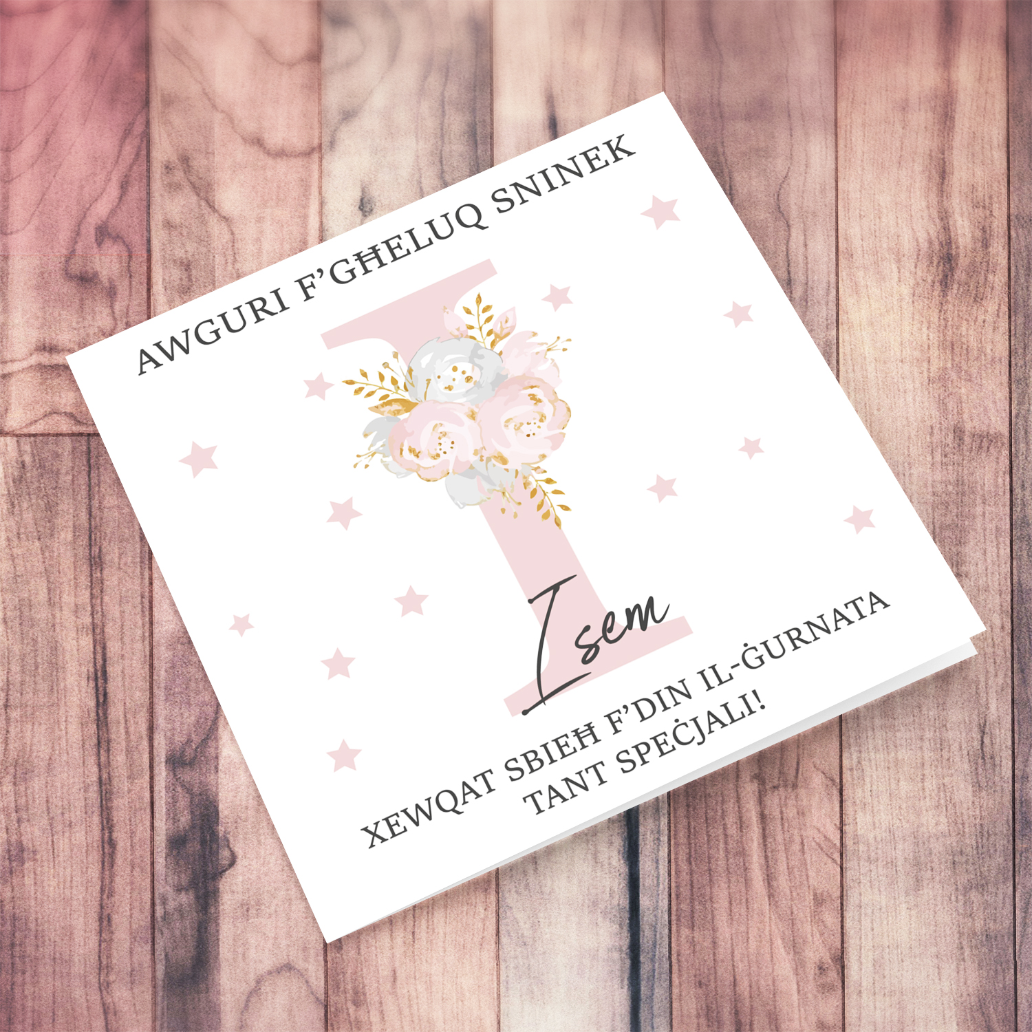 Letter I - Personalisable Birthday Card with pink florals in Maltese