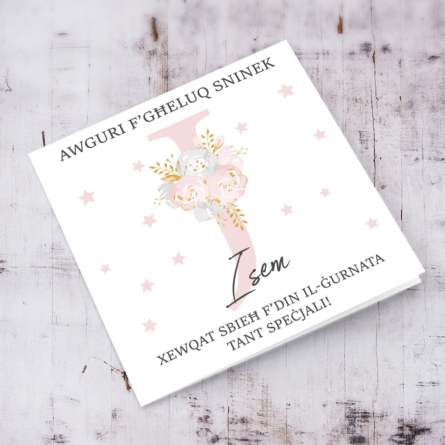 Letter J - Personalisable Birthday Card with pink florals in Maltese
