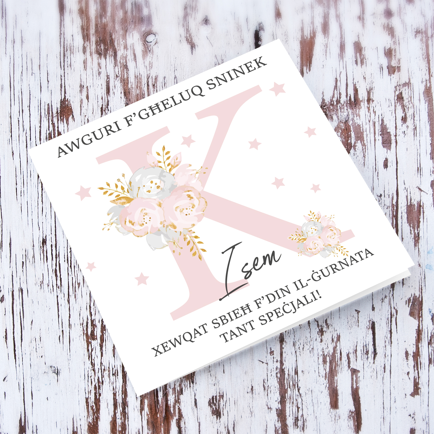 Letter K - Personalisable Birthday Card with pink florals in Maltese