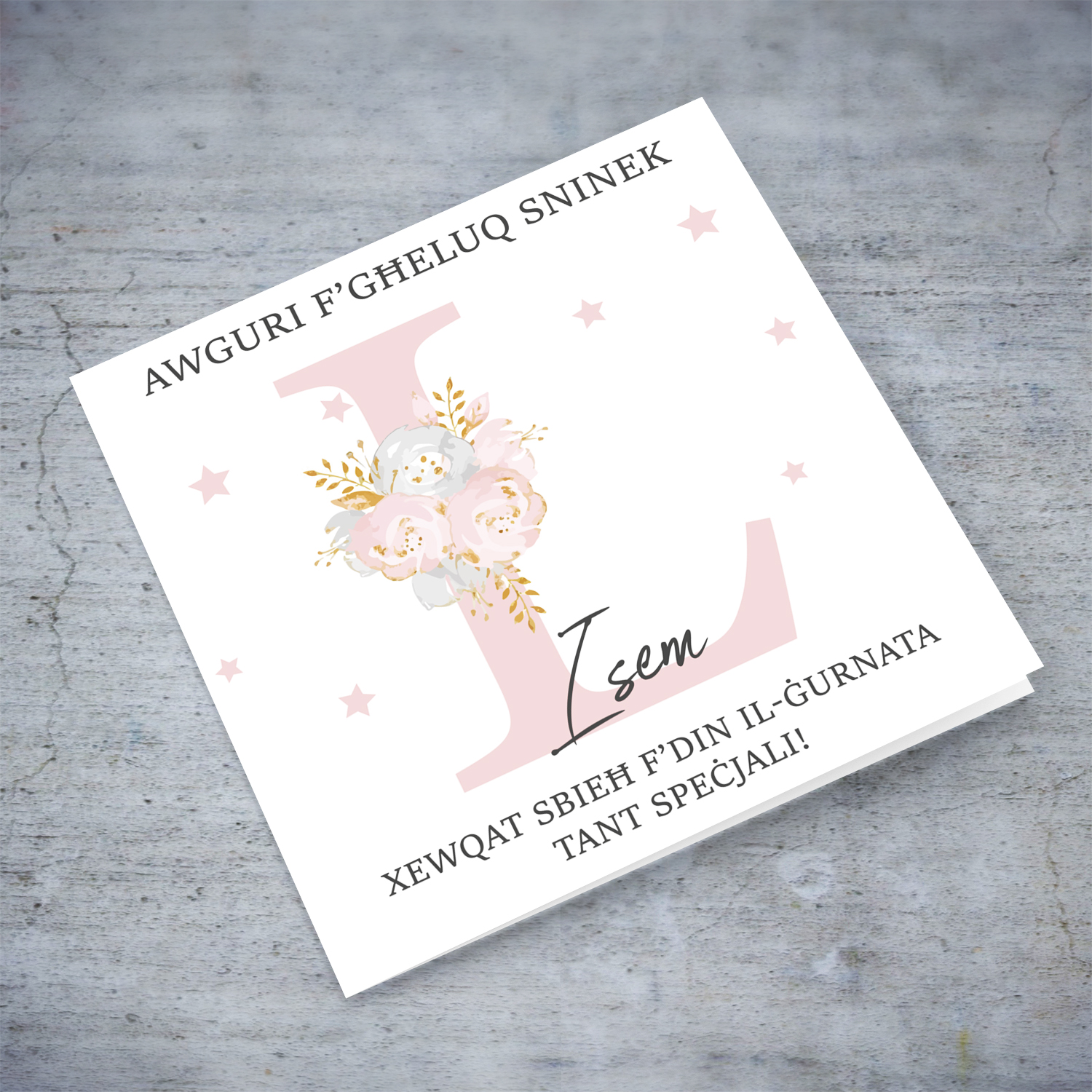Letter L - Personalisable Birthday Card with pink florals in Maltese