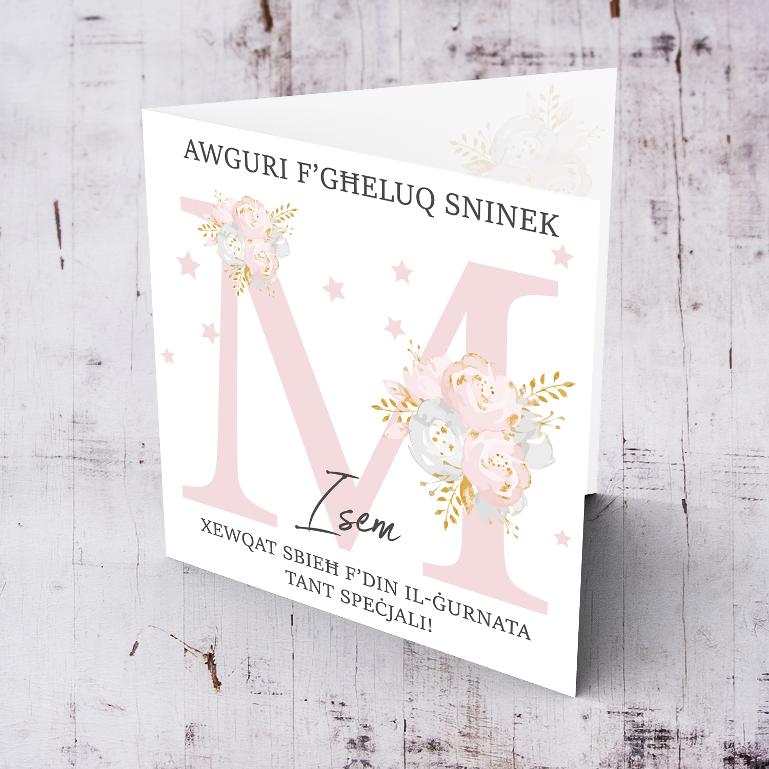 Letter M - Personalisable Birthday Card with pink florals in Maltese