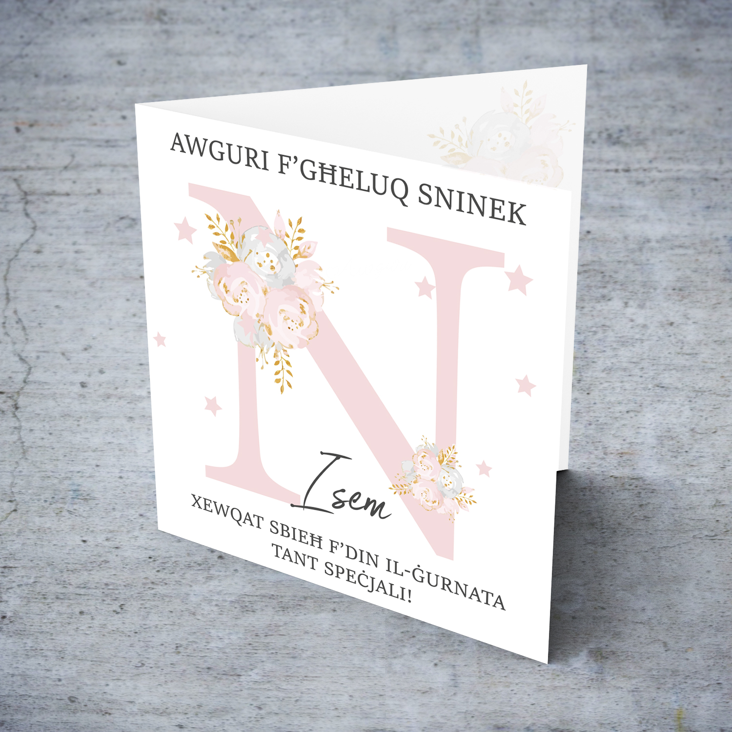 Letter N - Personalisable Birthday Card with pink florals in Maltese