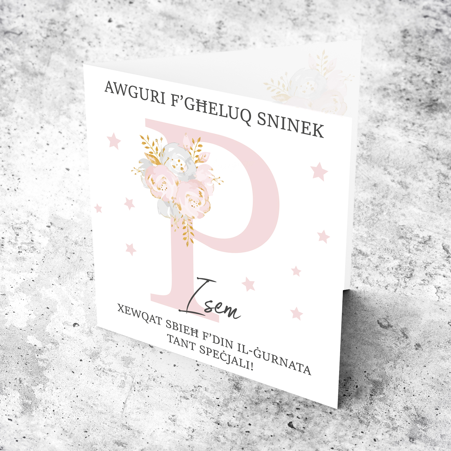 Letter P - Personalisable Birthday Card with pink florals in Maltese