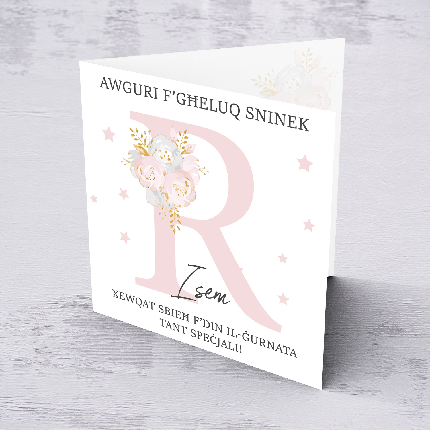 Letter R - Personalisable Birthday Card with pink florals in Maltese