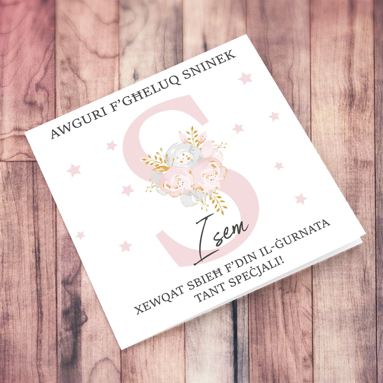 Letter S - Personalisable Birthday Card with pink florals in Maltese