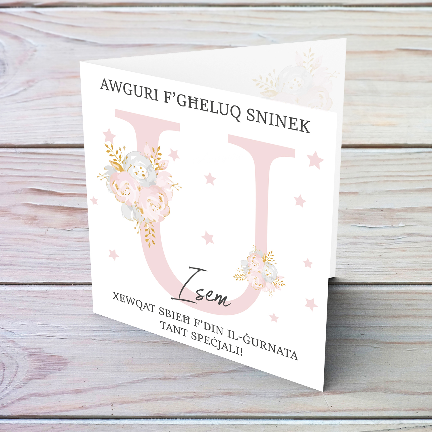 Letter U - Personalisable Birthday Card with pink florals in Maltese