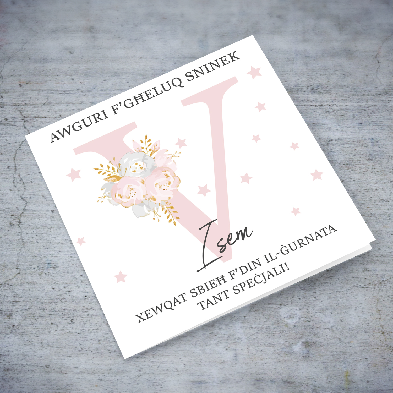Letter V - Personalisable Birthday Card with pink florals in Maltese