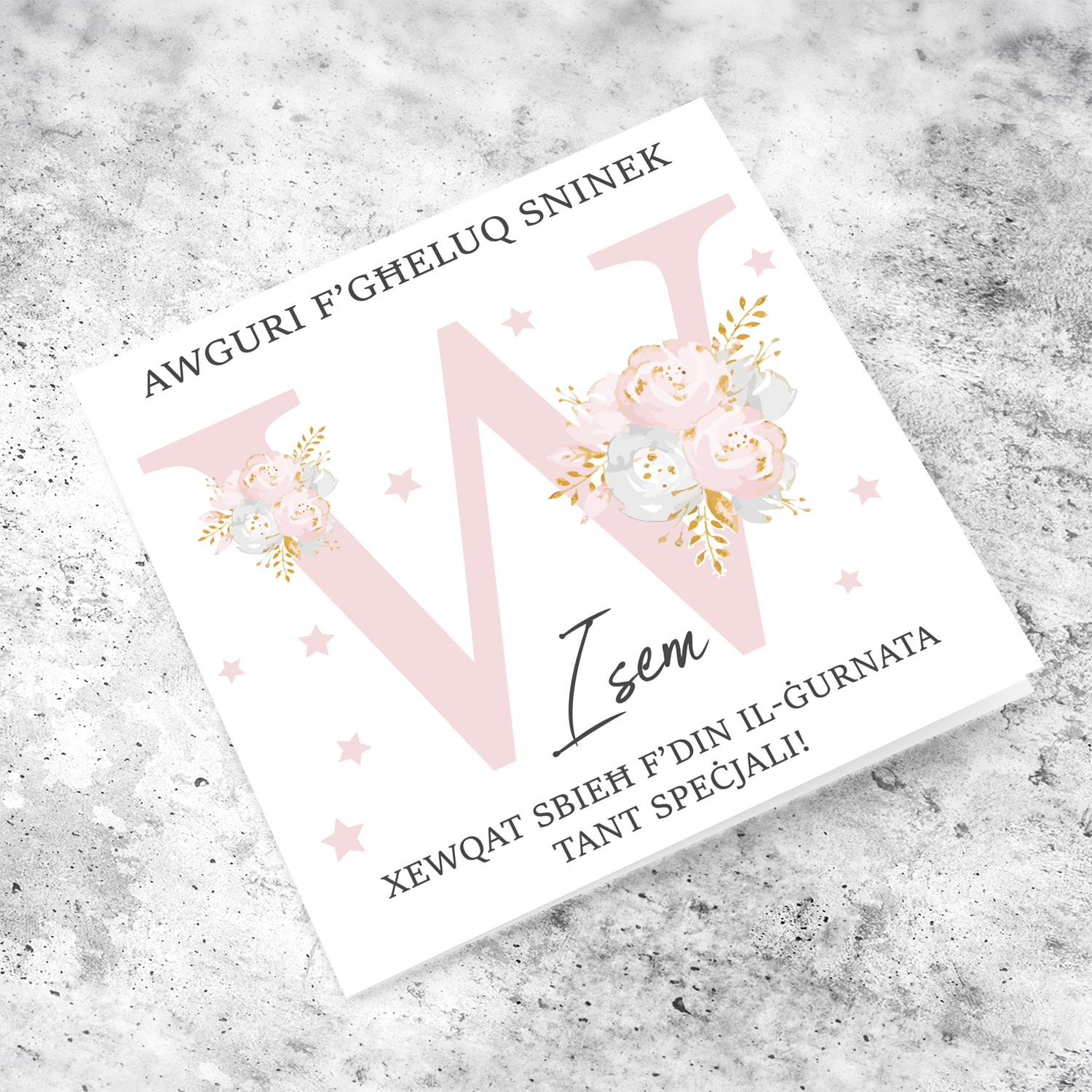 Letter W - Personalisable Birthday Card with pink florals in Maltese