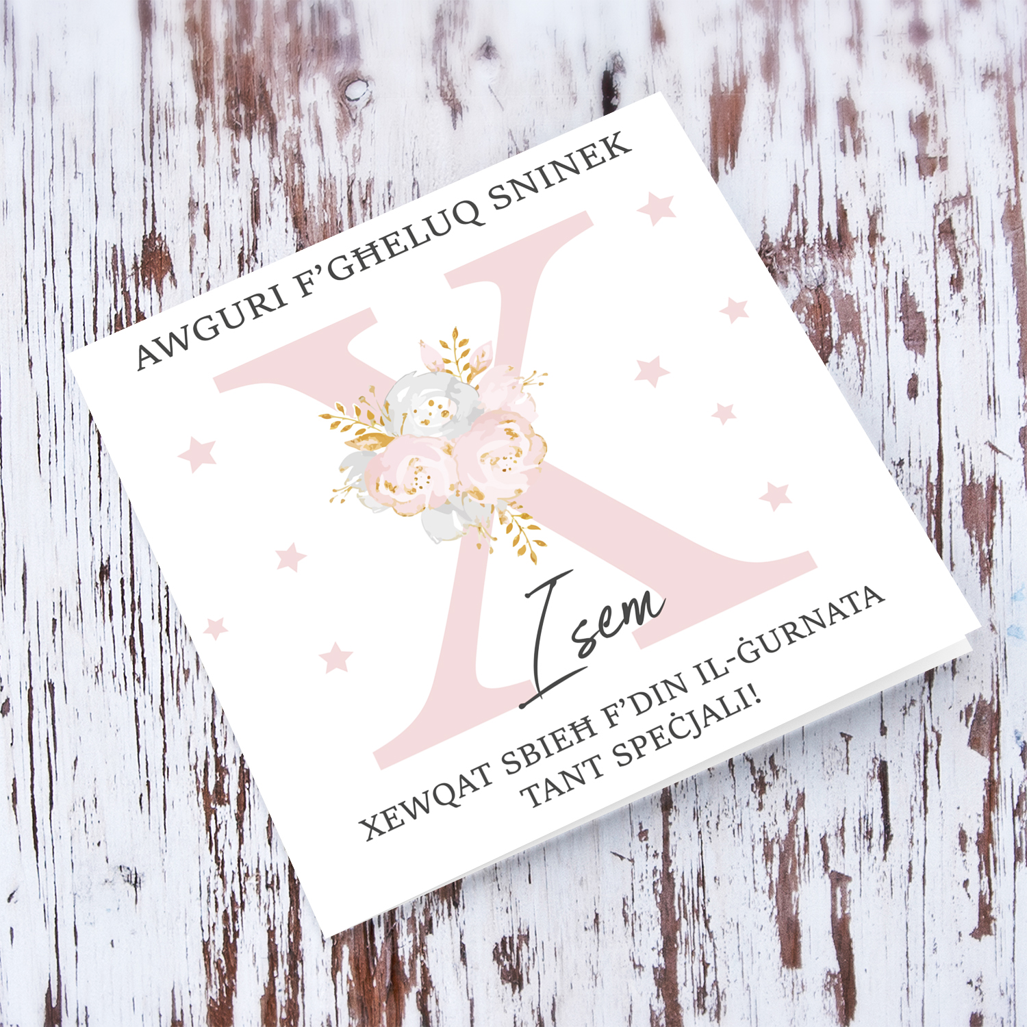 Letter X - Personalisable Birthday Card with pink florals in Maltese