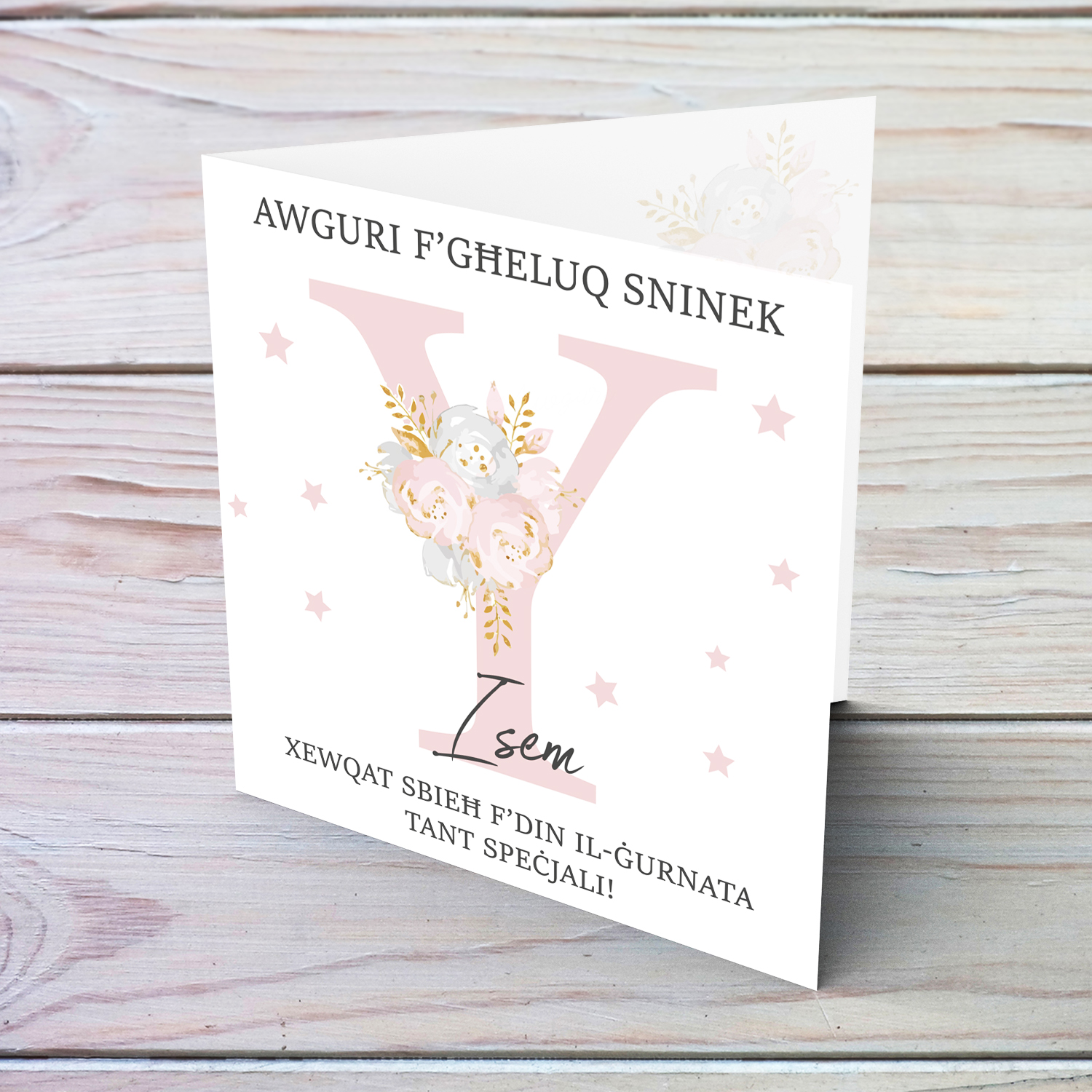 Letter Y - Personalisable Birthday Card with pink florals in Maltese