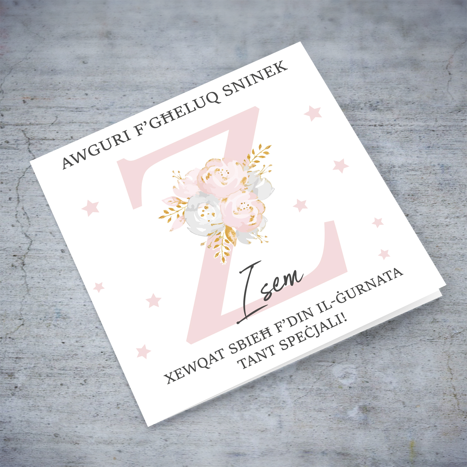 Letter Z - Personalisable Birthday Card with pink florals in Maltese