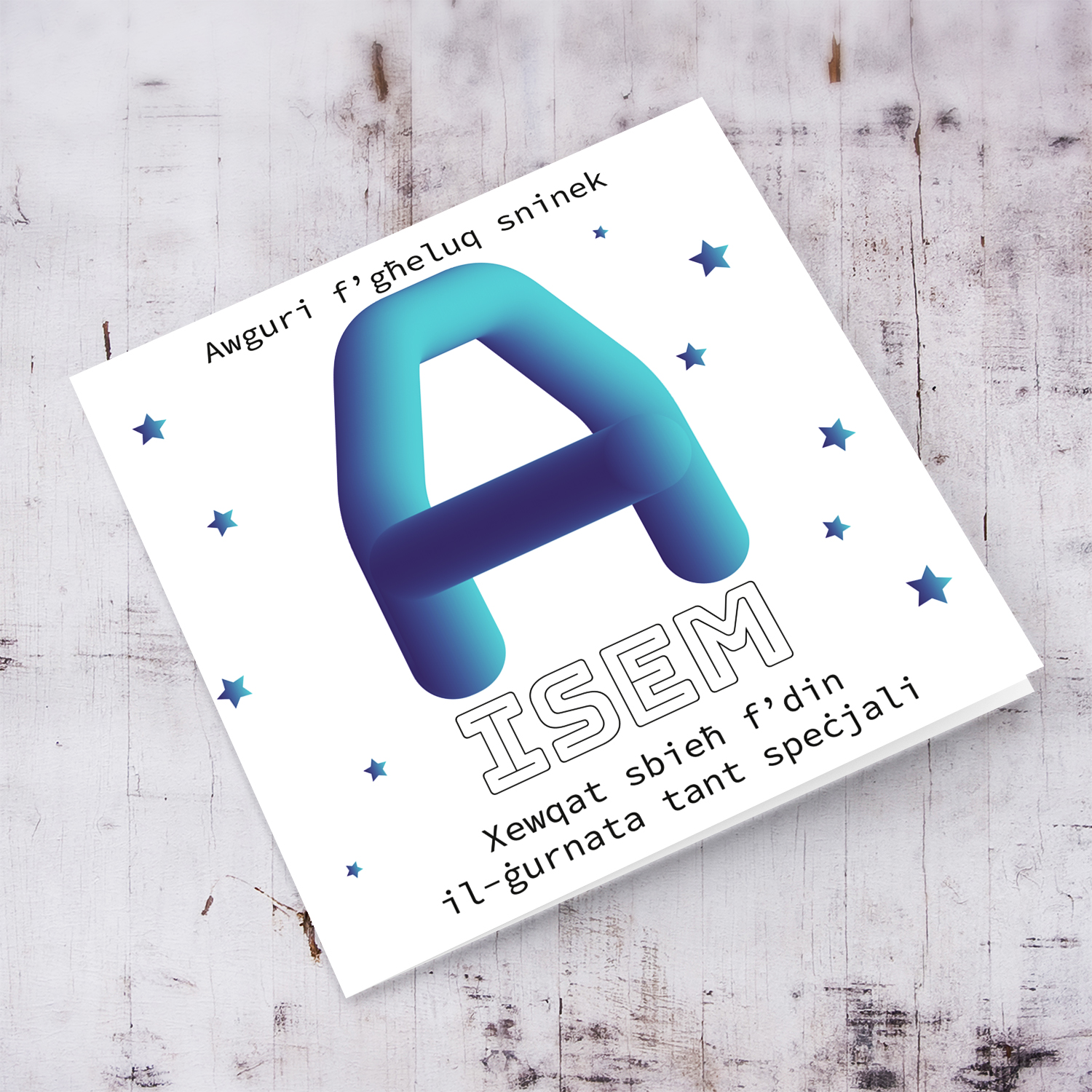 Letter A with 3D effect - Personalisable Birthday Card with bluish tones and scattered stars in Maltese
