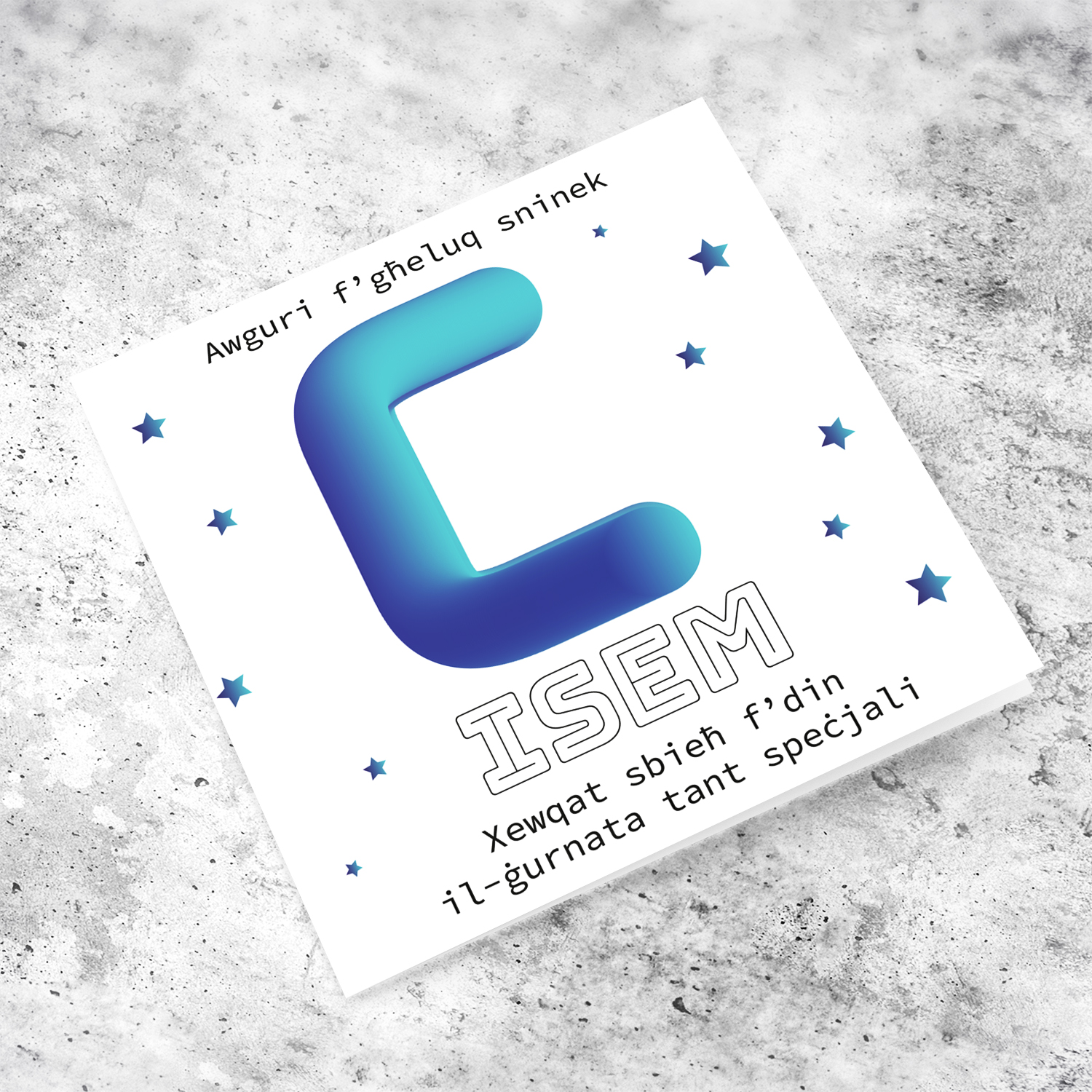 Letter B with 3D effect - Personalisable Birthday Card with bluish tones and scattered stars in Maltese