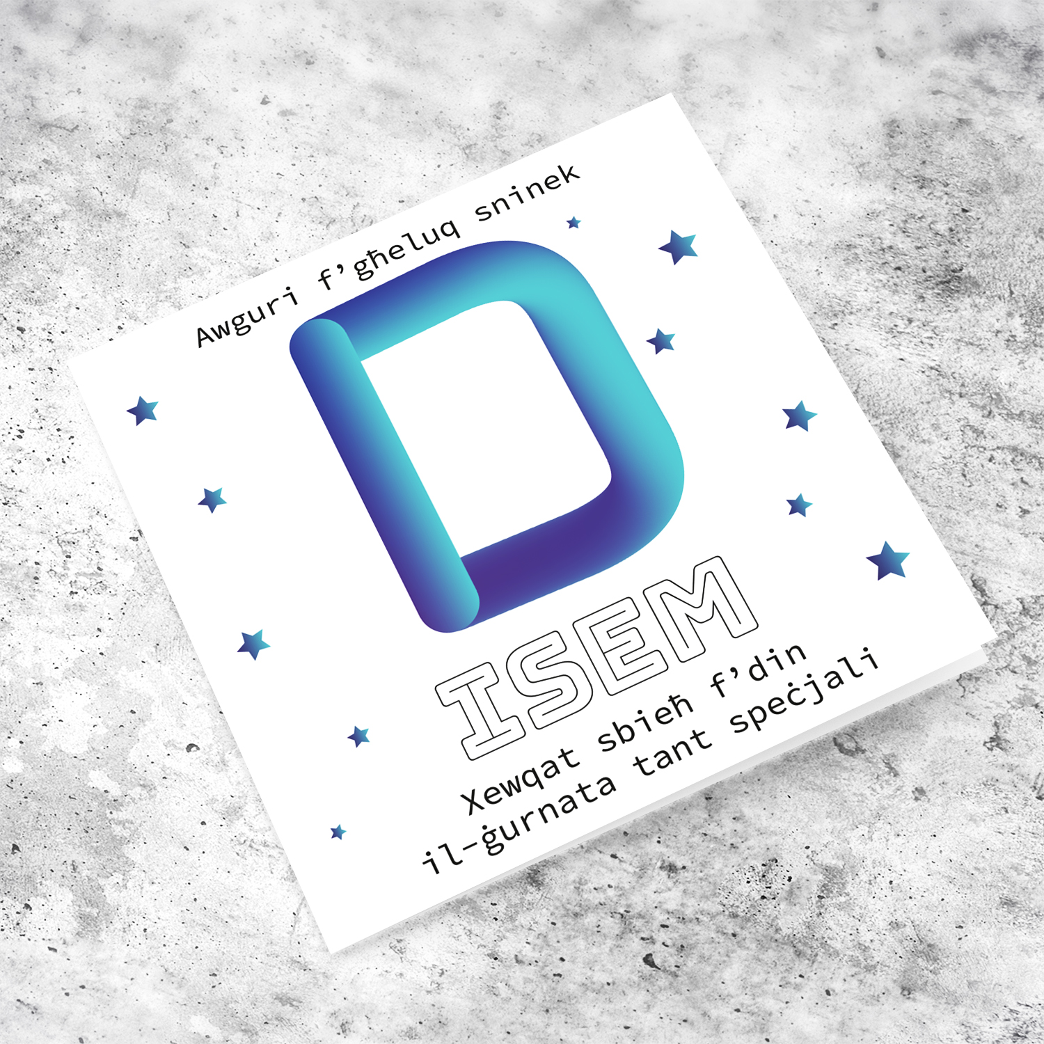 Letter D with 3D effect - Personalisable Birthday Card with bluish tones and scattered stars in Maltese