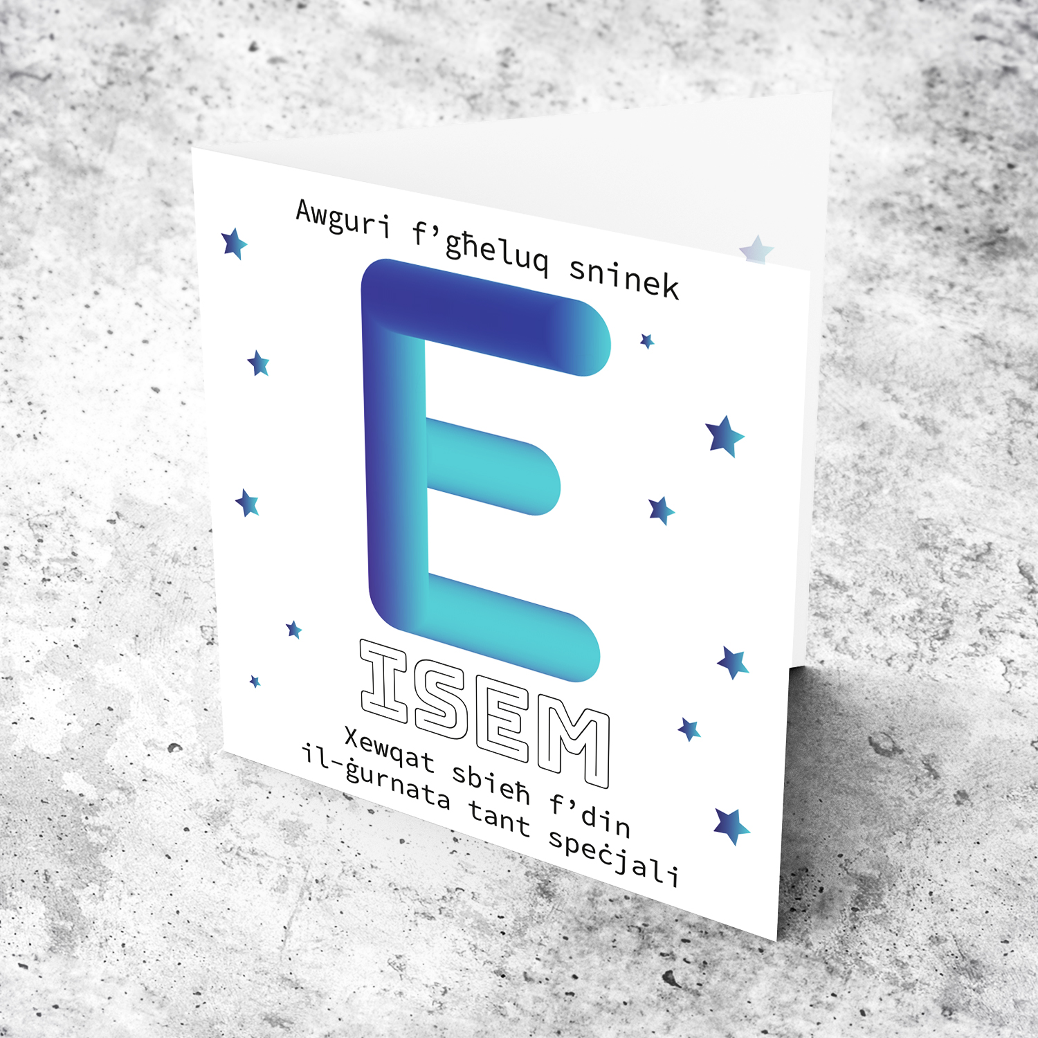 Letter E with 3D effect - Personalisable Birthday Card with bluish tones and scattered stars in Maltese