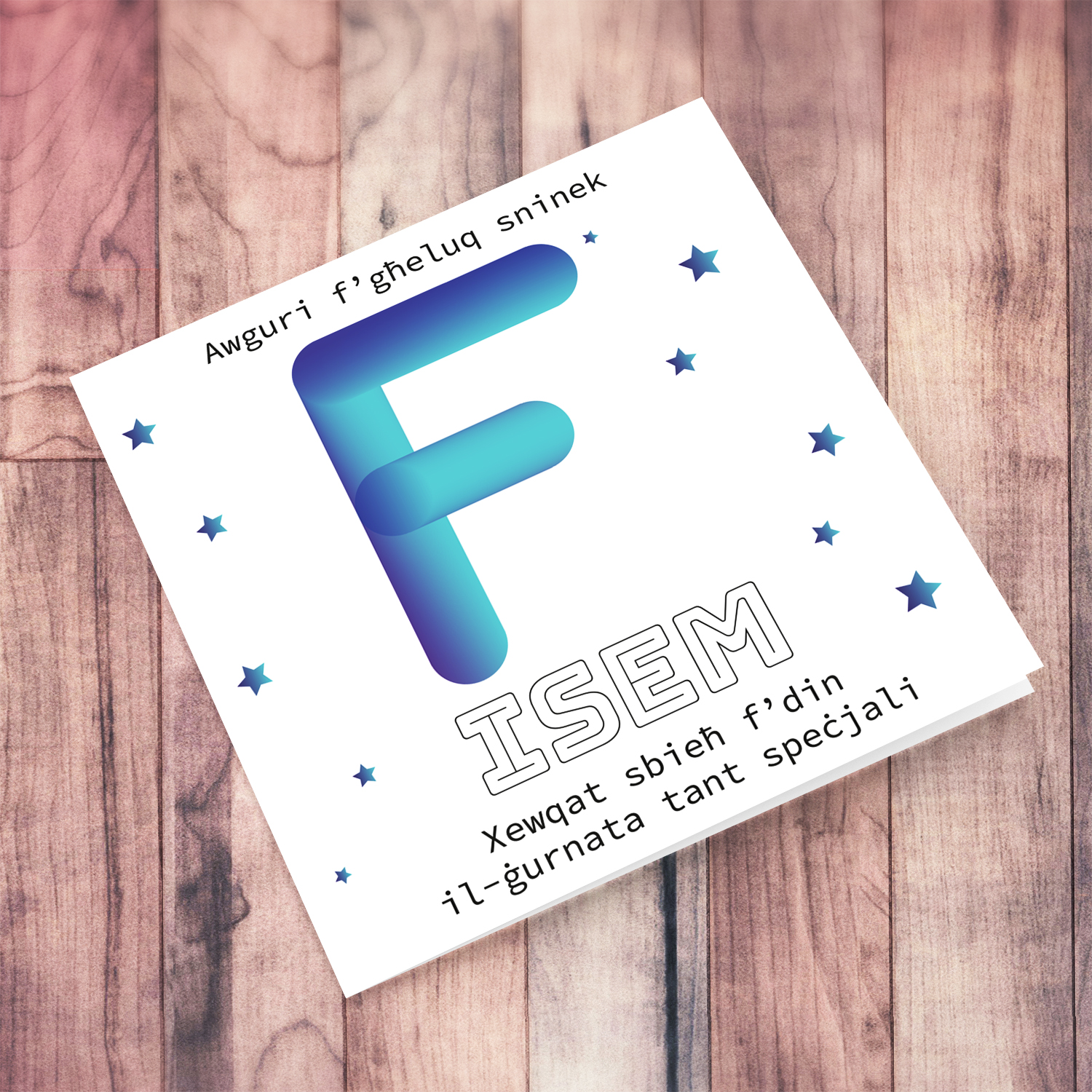 Letter F with 3D effect - Personalisable Birthday Card with bluish tones and scattered stars in Maltese
