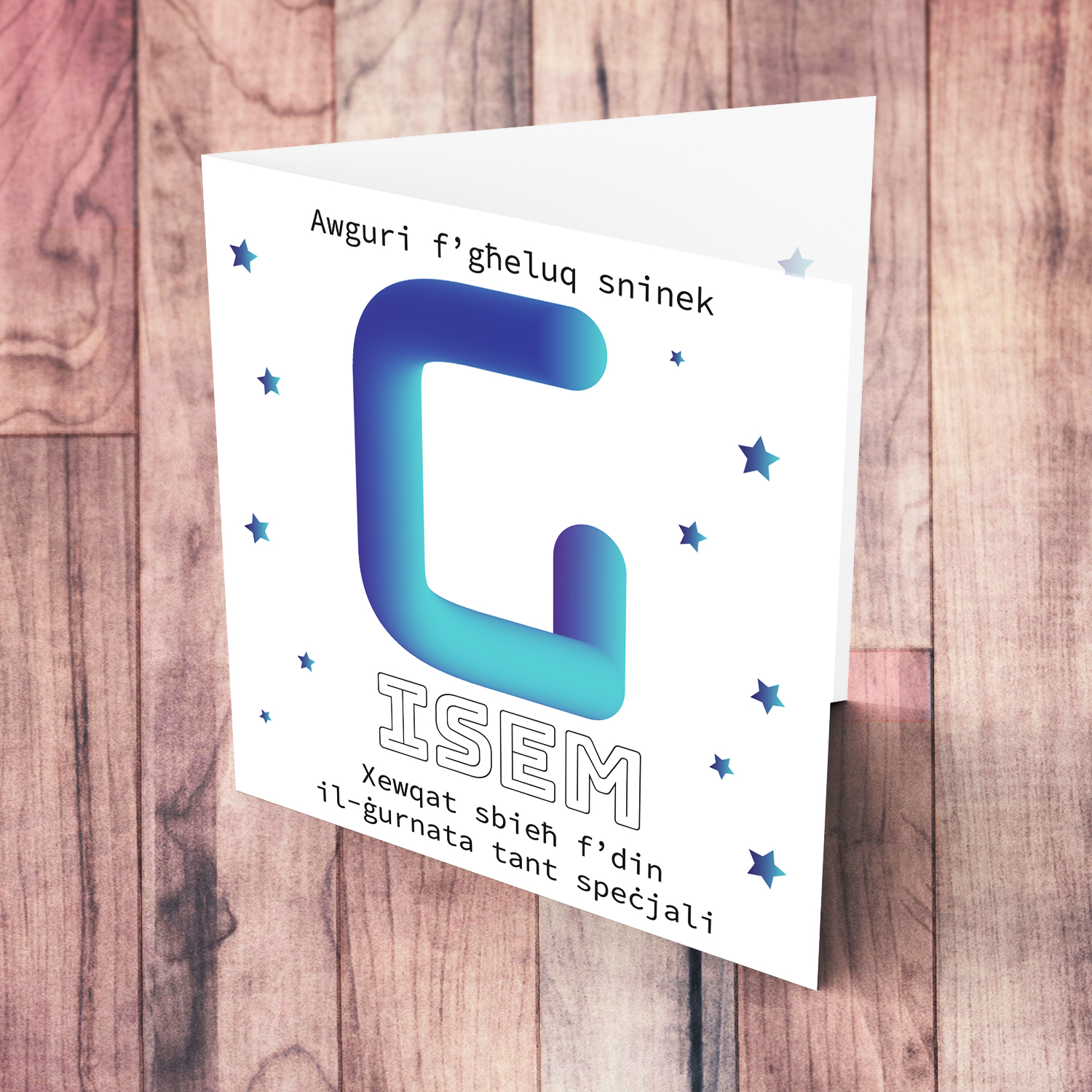 Letter G with 3D effect - Personalisable Birthday Card with bluish tones and scattered stars in Maltese