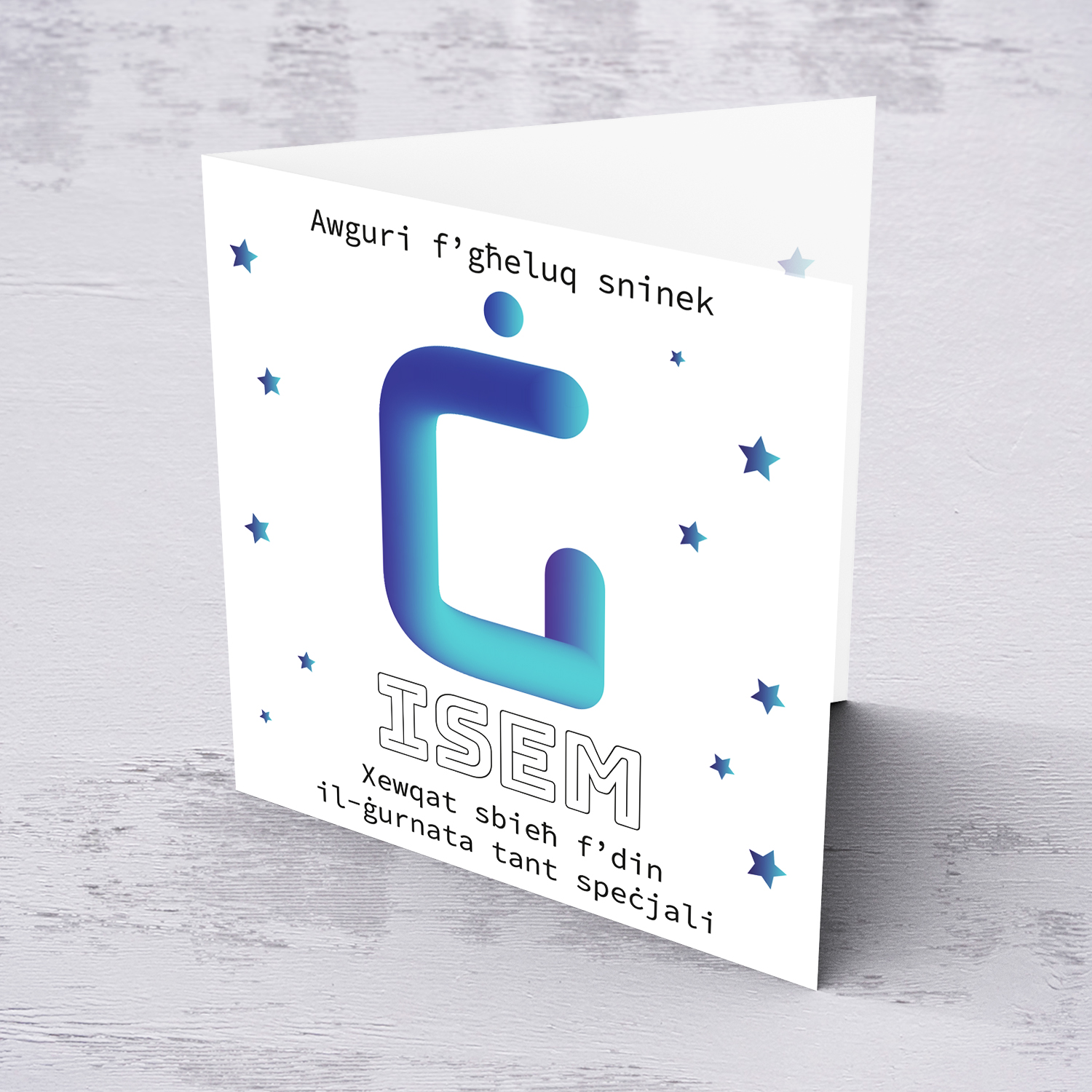 Letter Ġ with 3D effect - Personalisable Birthday Card with bluish tones and scattered stars in Maltese