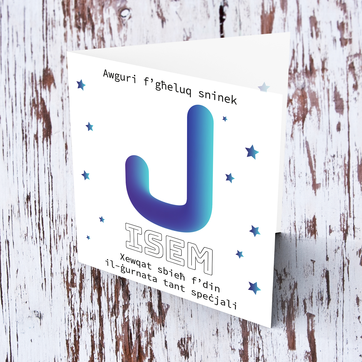 Letter J with 3D effect - Personalisable Birthday Card with bluish tones and scattered stars in Maltese