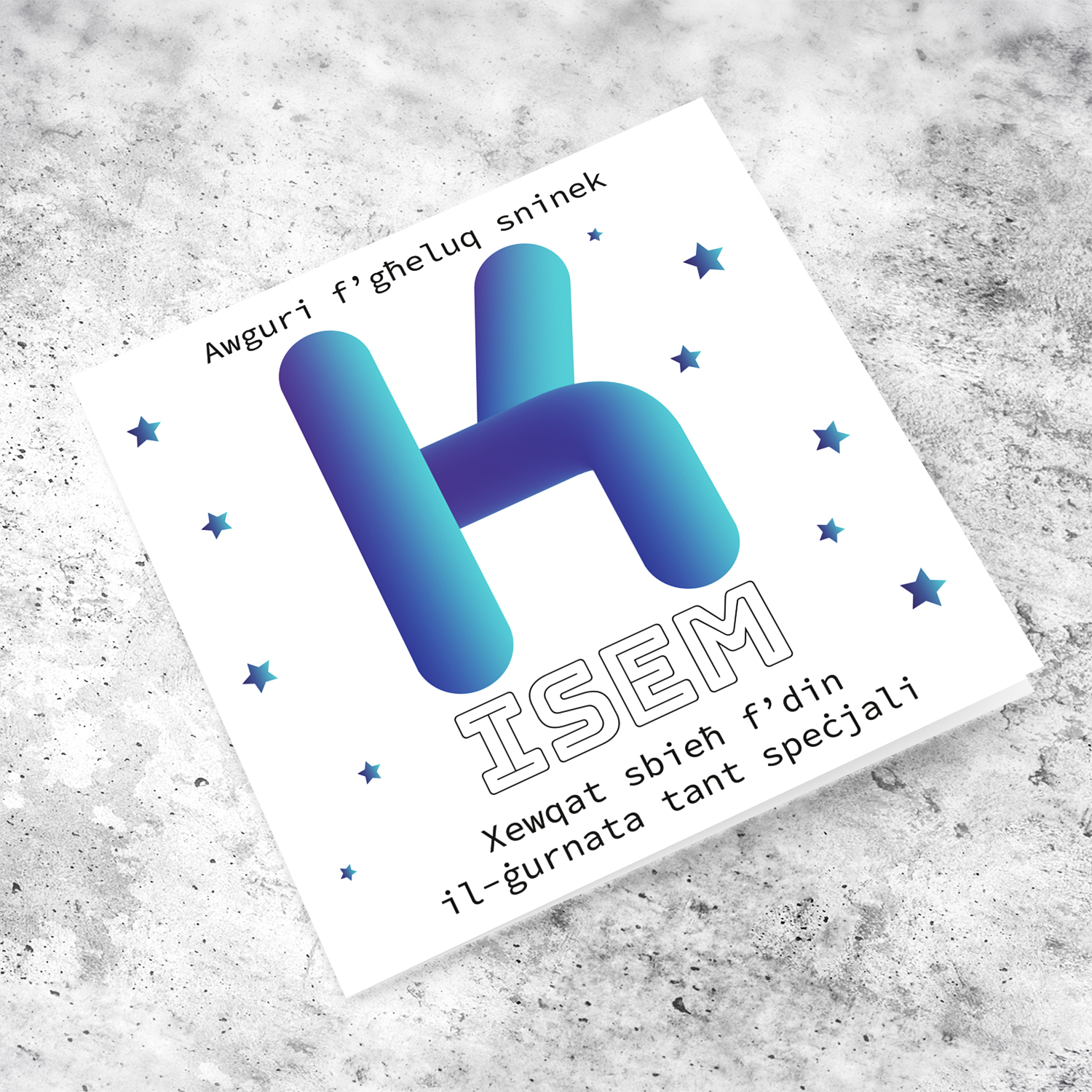 Letter K with 3D effect - Personalisable Birthday Card with bluish tones and scattered stars in Maltese