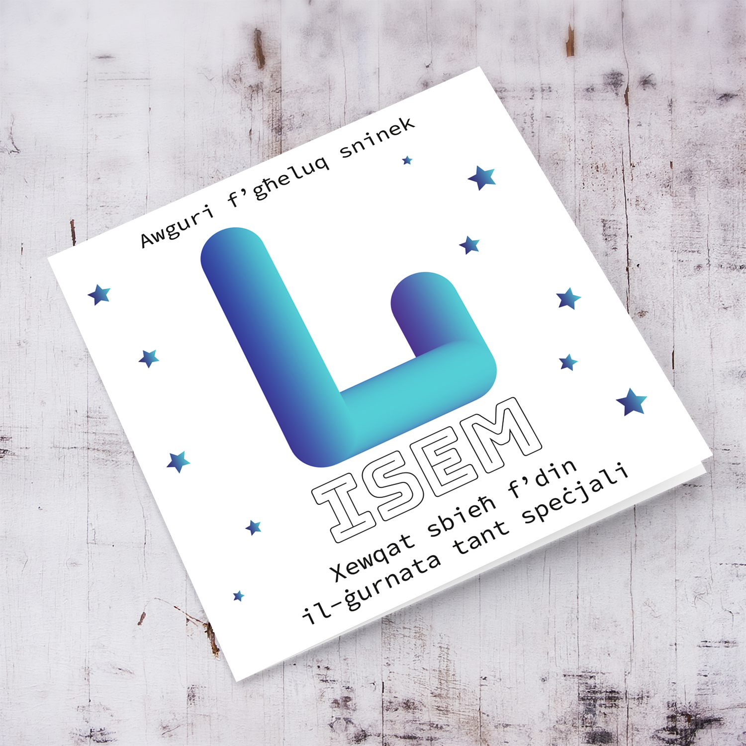 Letter L with 3D effect - Personalisable Birthday Card with bluish tones and scattered stars in Maltese