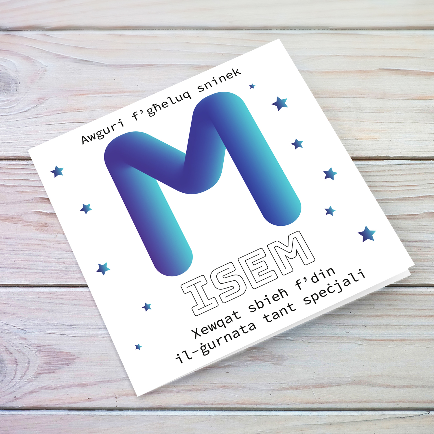 Letter M with 3D effect - Personalisable Birthday Card with bluish tones and scattered stars in Maltese