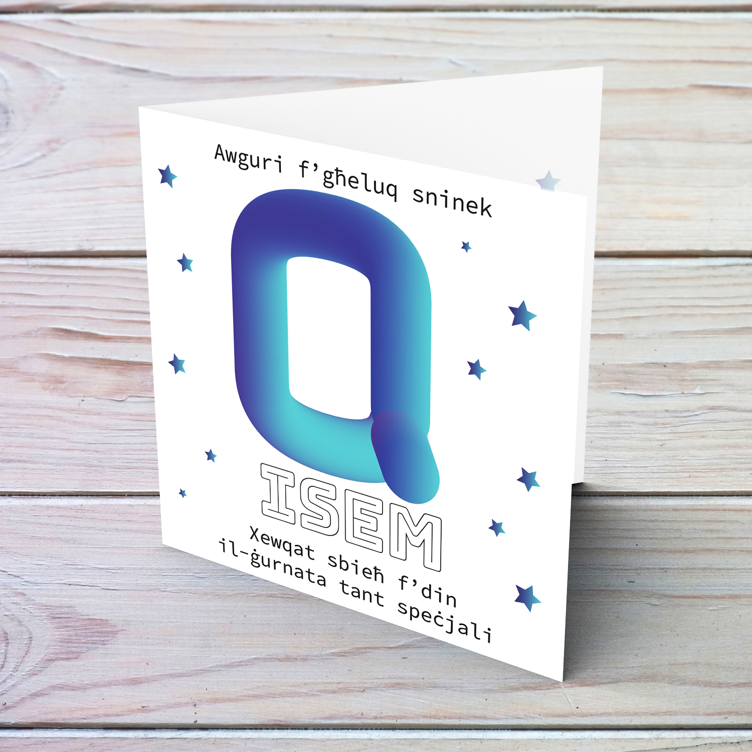 Letter Q with 3D effect - Personalisable Birthday Card with bluish tones and scattered stars in Maltese