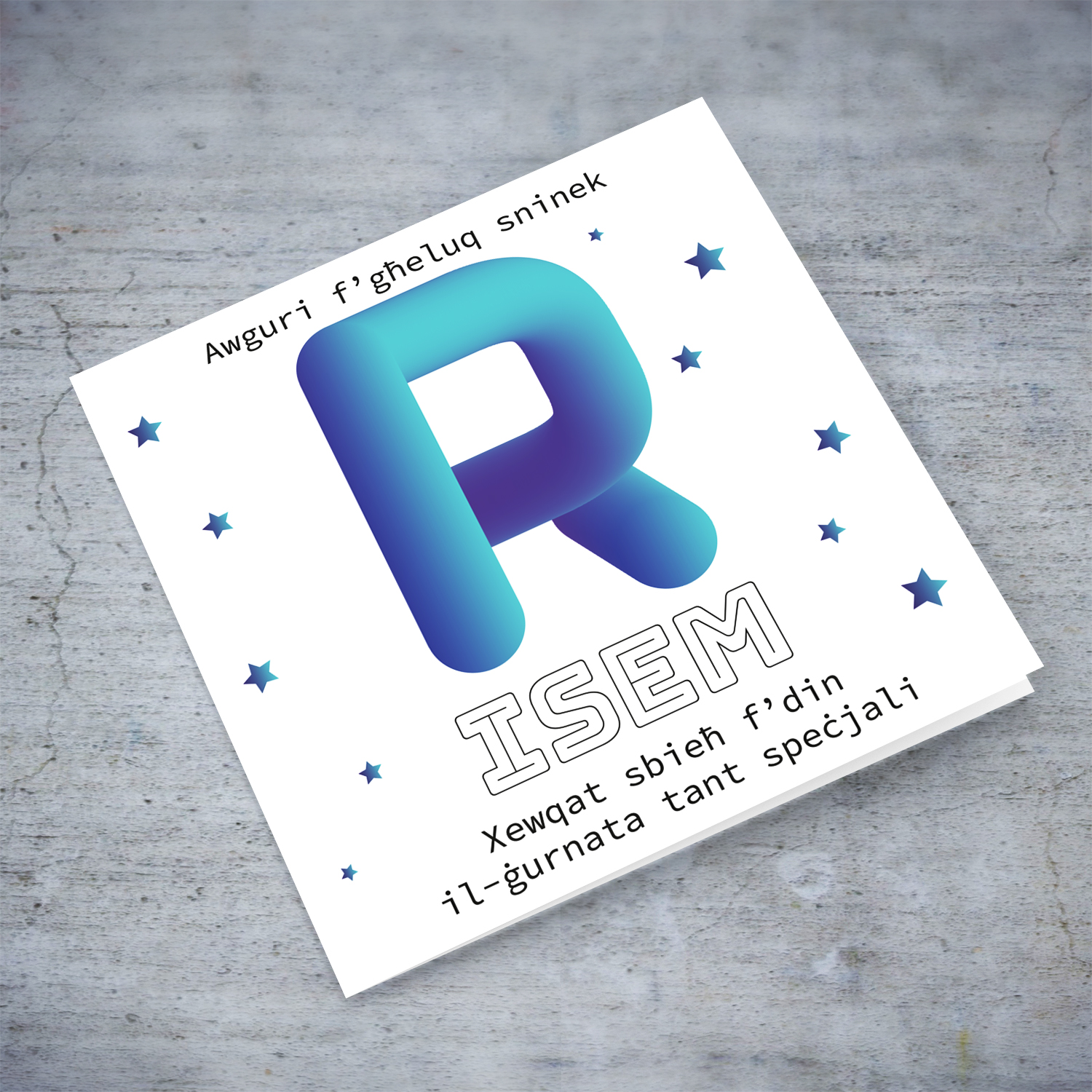 Letter R with 3D effect - Personalisable Birthday Card with bluish tones and scattered stars in Maltese