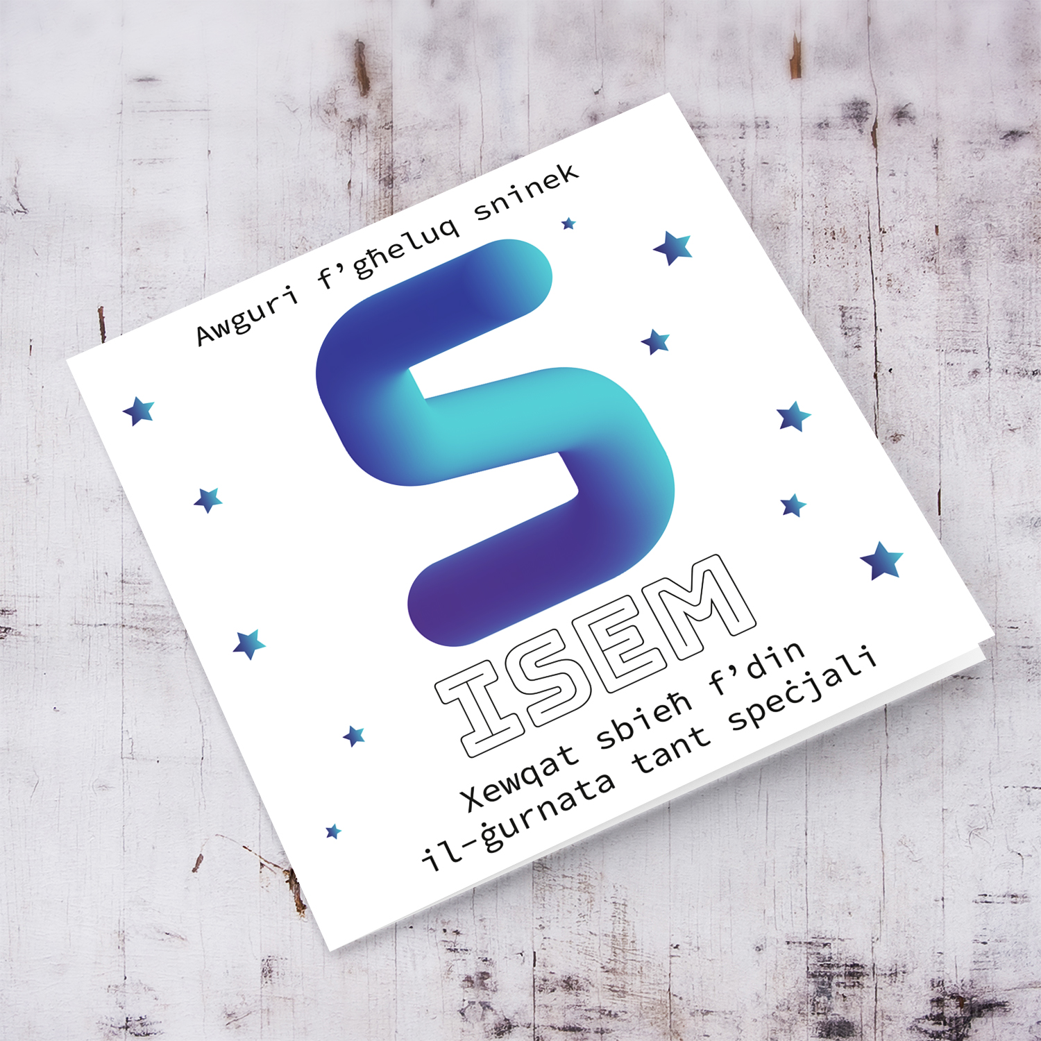 Letter S with 3D effect - Personalisable Birthday Card with bluish tones and scattered stars in Maltese
