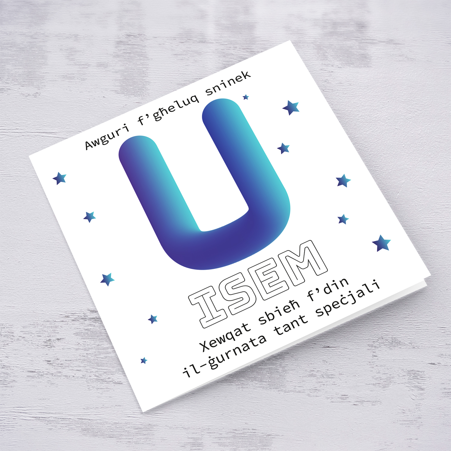 Letter U with 3D effect - Personalisable Birthday Card with bluish tones and scattered stars in Maltese