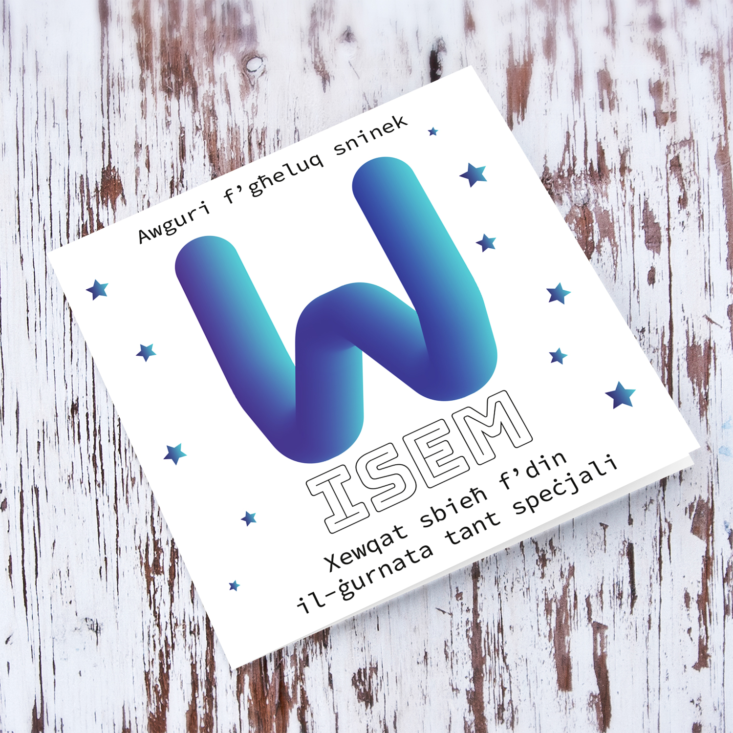 Letter W with 3D effect - Personalisable Birthday Card with bluish tones and scattered stars in Maltese