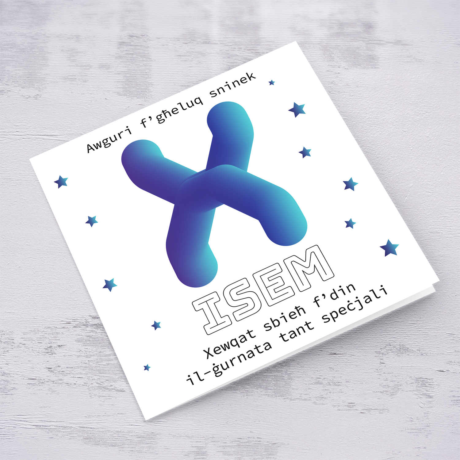 Letter X with 3D effect - Personalisable Birthday Card with bluish tones and scattered stars in Maltese