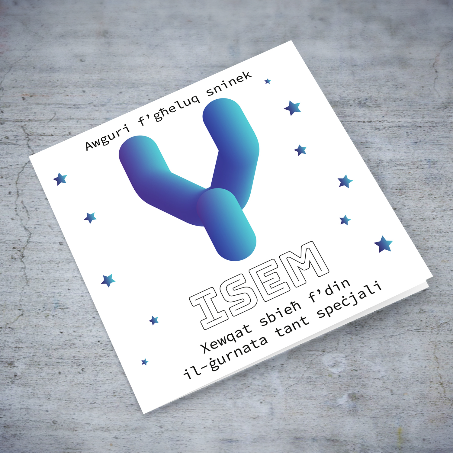 Letter Y with 3D effect - Personalisable Birthday Card with bluish tones and scattered stars in Maltese