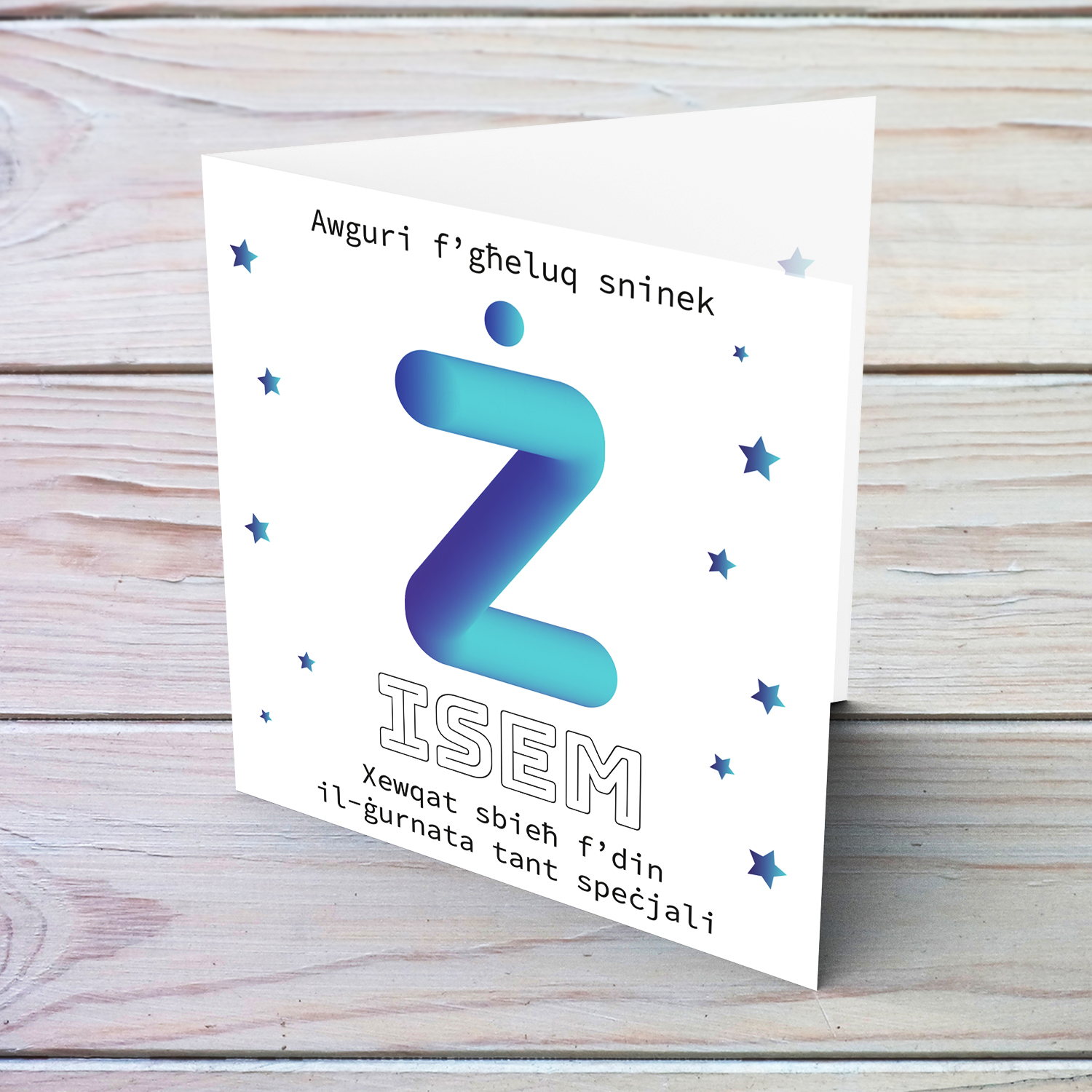 Letter Ż  with 3D effect - Personalisable Birthday Card with bluish tones and scattered stars in Maltese
