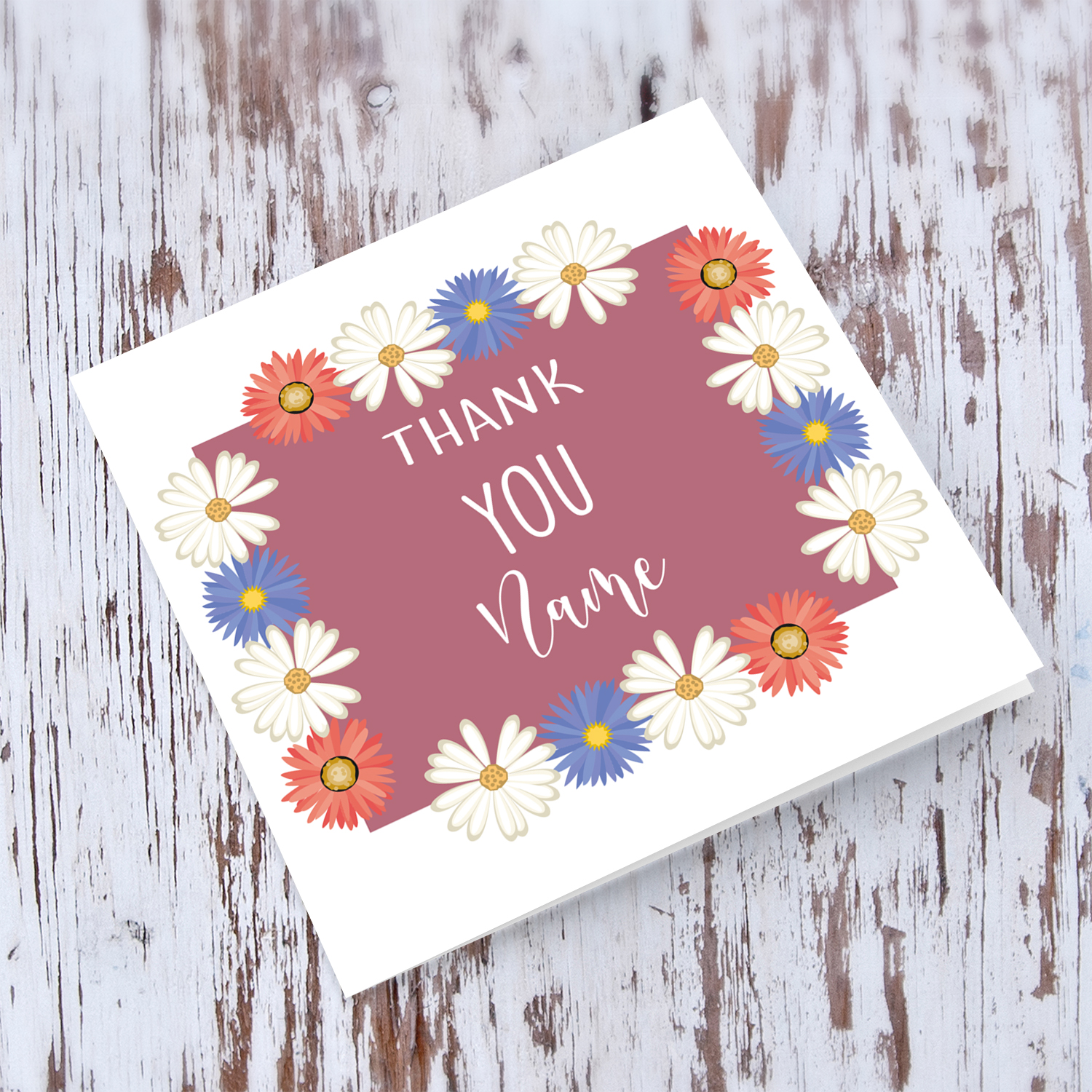 Thank you card with colourful floral border in English  (Personalisable)