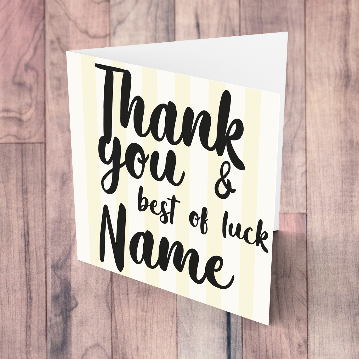 Striped background in pastel yellow and white thank you and best of luck card in English