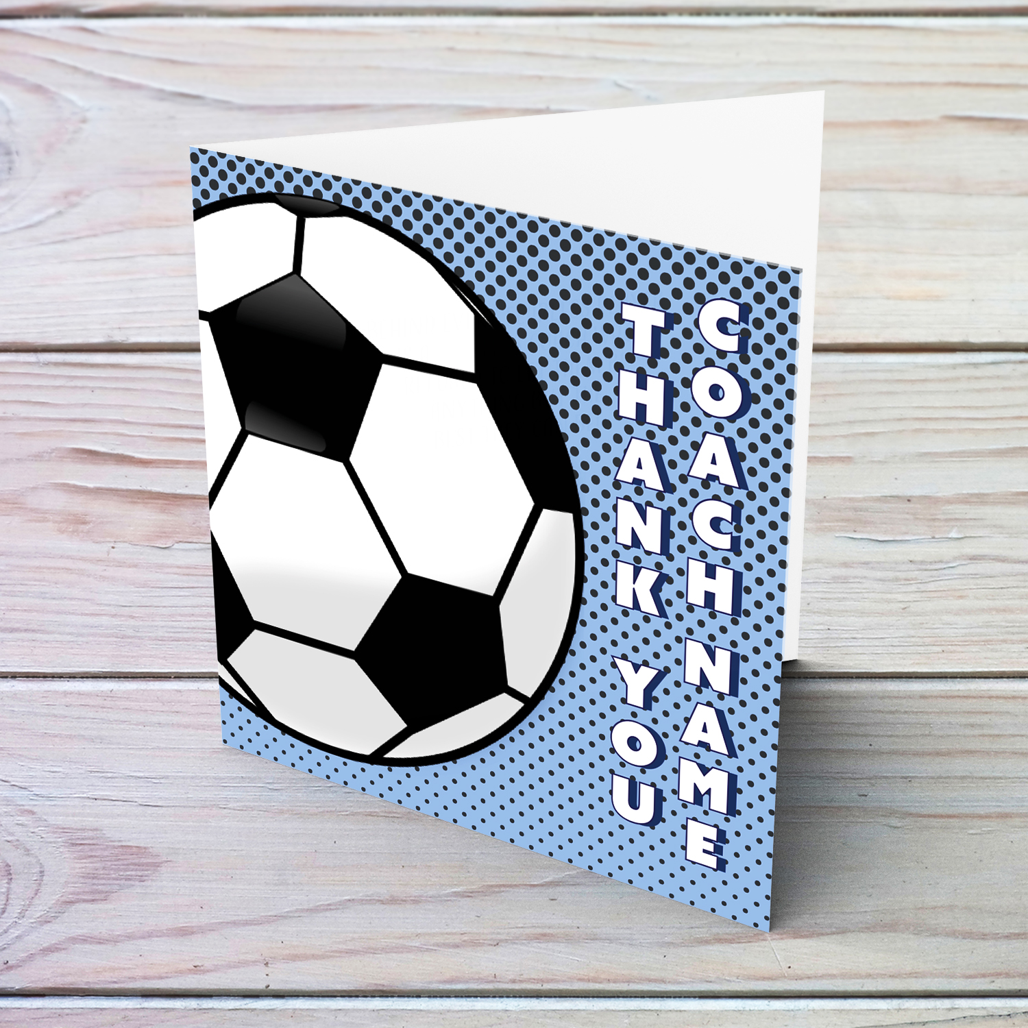 Thank you card for football coach in light blue background with spots in English (Personalisable)