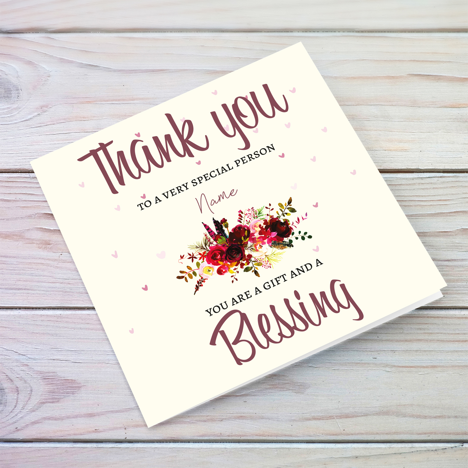 A thank you card for a special person with red florals in English (Personalisable)