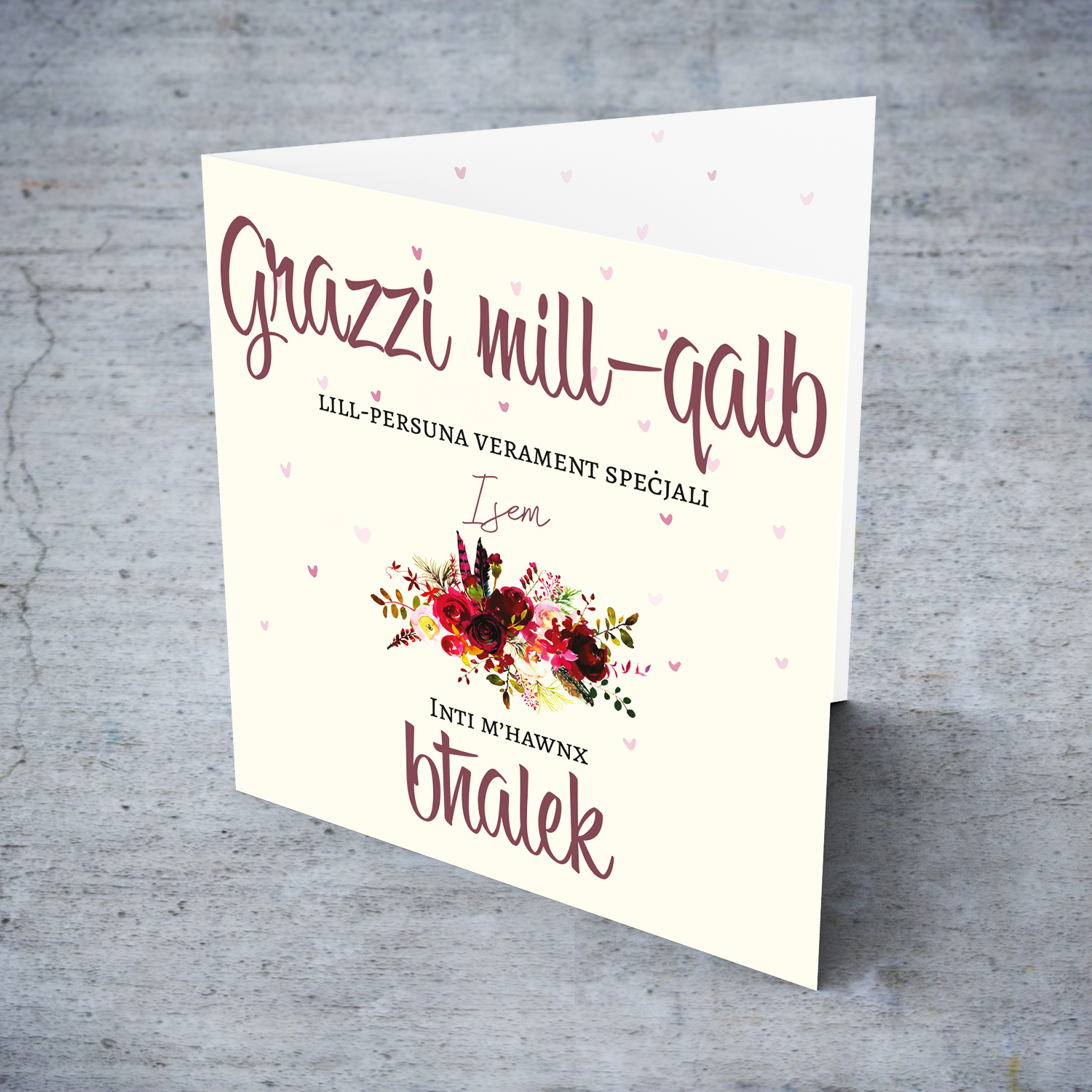 A thank you card for a special person with red florals in Maltese (Personalisable)